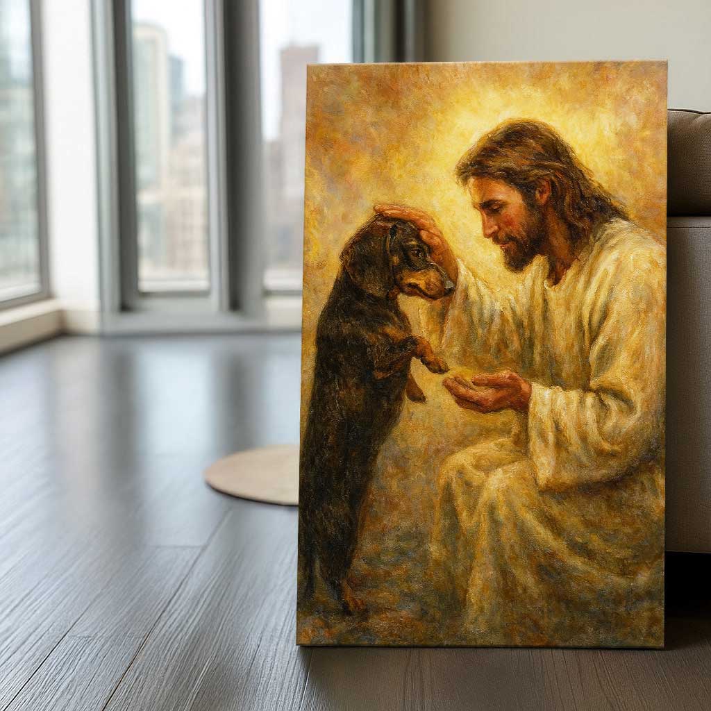 Inspirational Jesus and Dog Wall Art, Spiritual Canvas Print for Home Decor