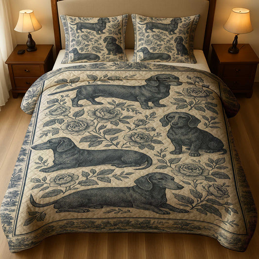 Classic Blue Floral Botanical Dachshund Print, Vintage Dachshund Quilt Set