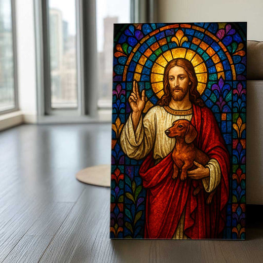 Stained Glass Jesus Holding Dachshund Canvas Wall Art, Spiritual Home Décor, Vibrant Religious Artwork