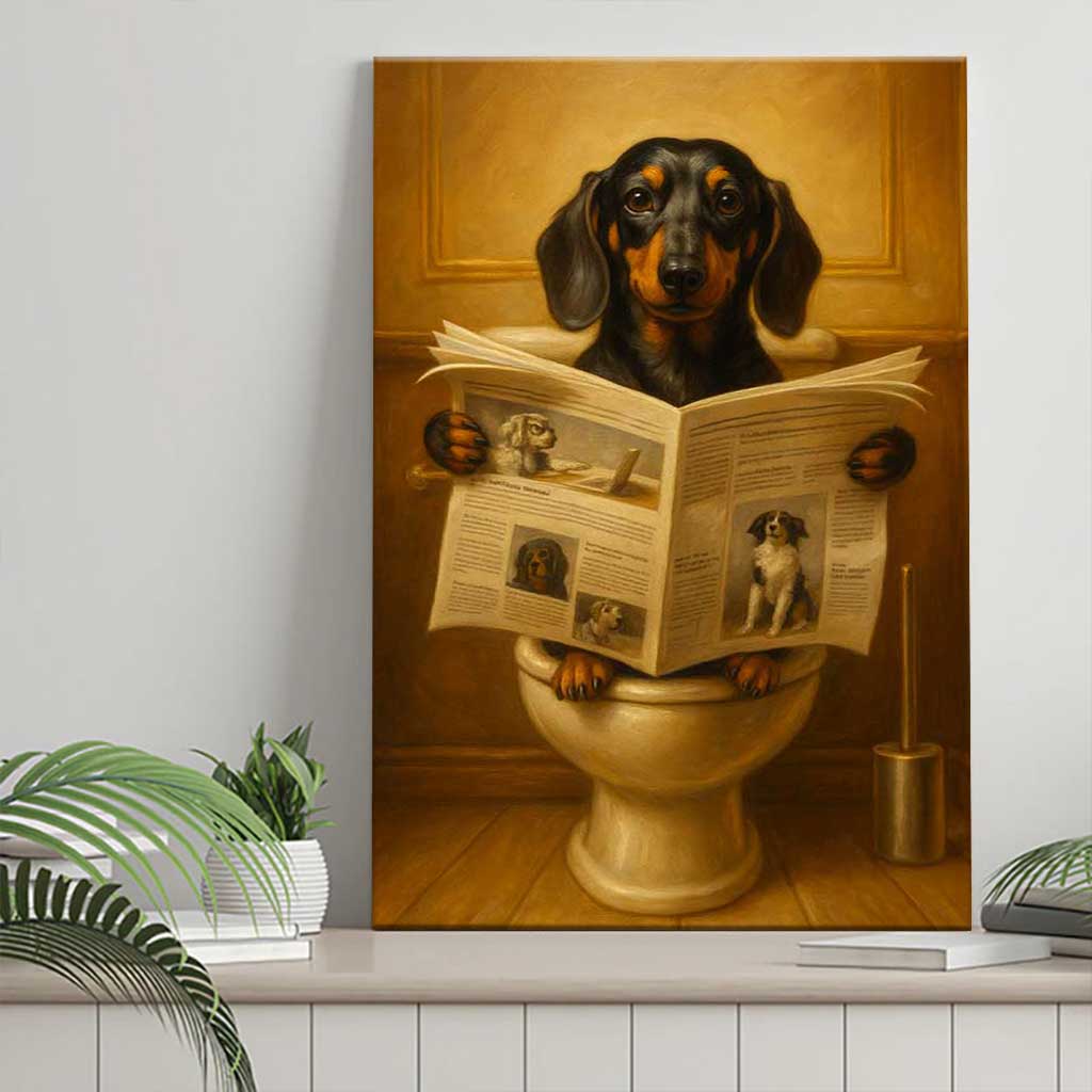 Dog Reading Newspaper On Toilet Canvas, Funny Dachshund Wall Art