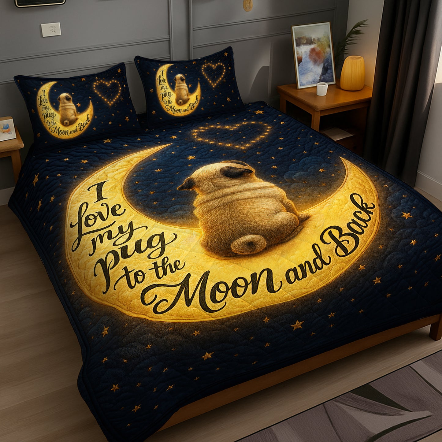 Moon and Stars Pug Christmas Quilt Set, Funny Holiday Bedding Gift for Dog Lovers, Pugmas Bedroom Decor
