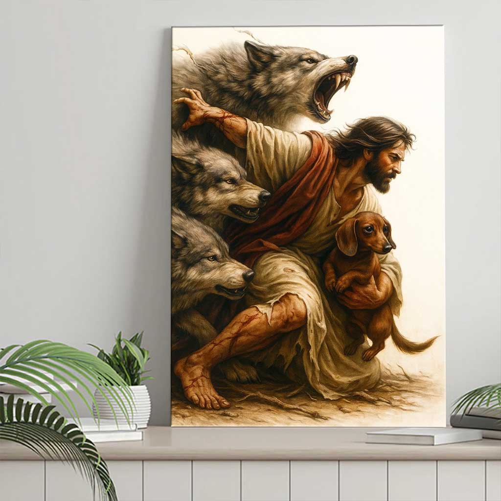 Protective Savior with Dachshund Wall Art, Faith and Loyalty Dog Canvas, Symbol of Divine Protection