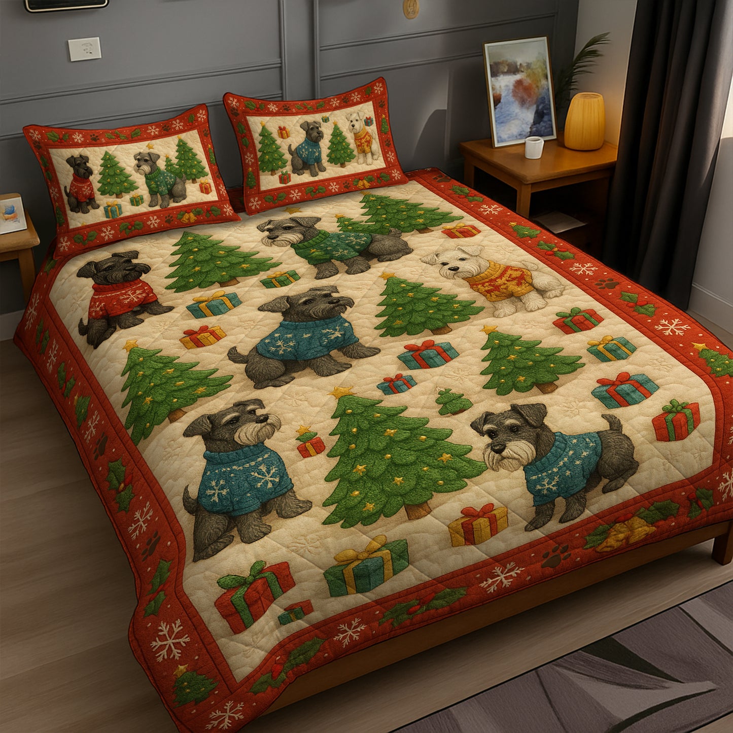 Funny Schnauzer Quilt Set, Schnauzer Xmas Quilt Set, Christmas Schnauzer Bedroom For Dog Lover