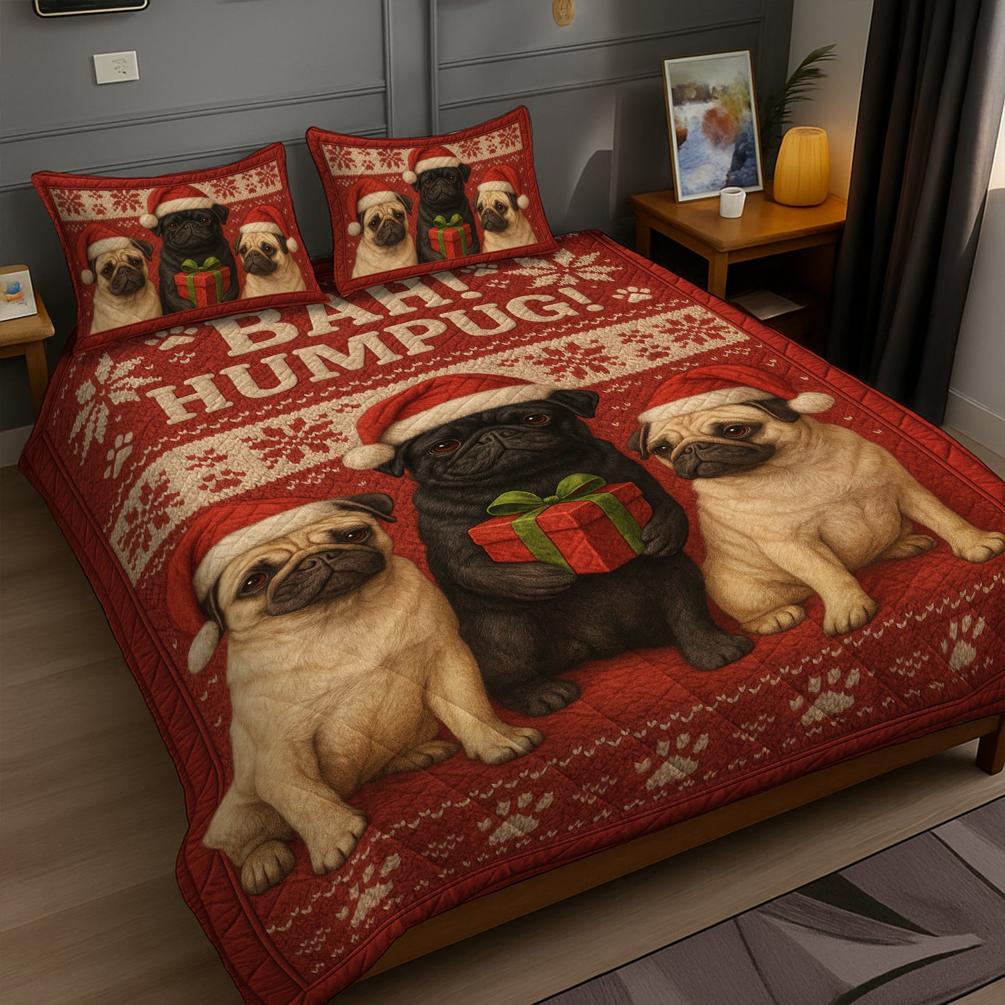 Bah Humpug Funny Pug Christmas Quilt Set, Cute Holiday Bedding Gift for Dog Lovers, Pugmas Bedroom Decor