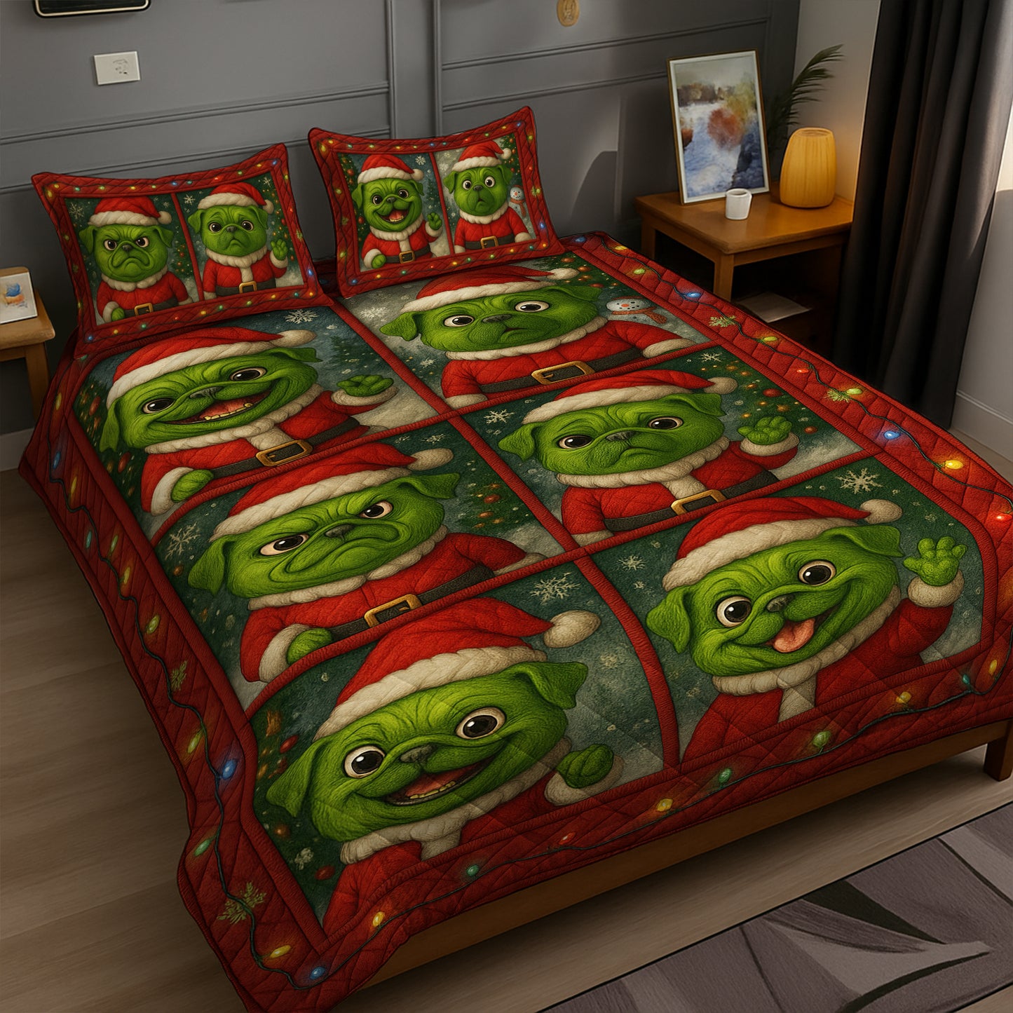 Funny Cute Pug Christmas Quilt Set, Pug Xmas Expressions Bedding For Dog Lover, Pugmas Bedroom Decor