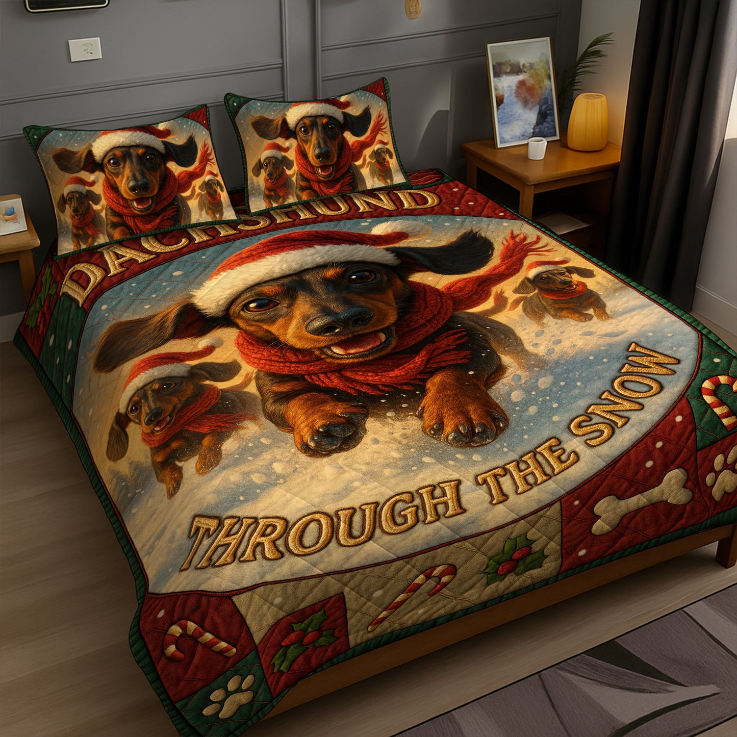 Funny Dachshund Quilt Set, Through The Snow Christmas Bedding, Cozy Holiday Gift for Dog Lovers