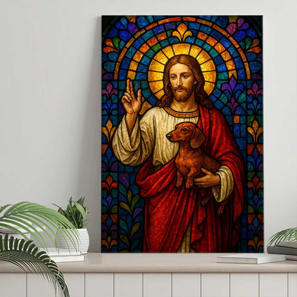 Stained Glass Jesus Holding Dachshund Canvas Wall Art, Spiritual Home Décor, Vibrant Religious Artwork