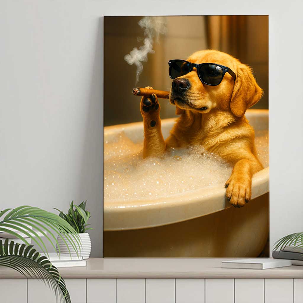 Toilet Paper Hat And Cool Bath Cigar Style Whimsical Dog Canvas, Silly Bathroom Moments Pet Art
