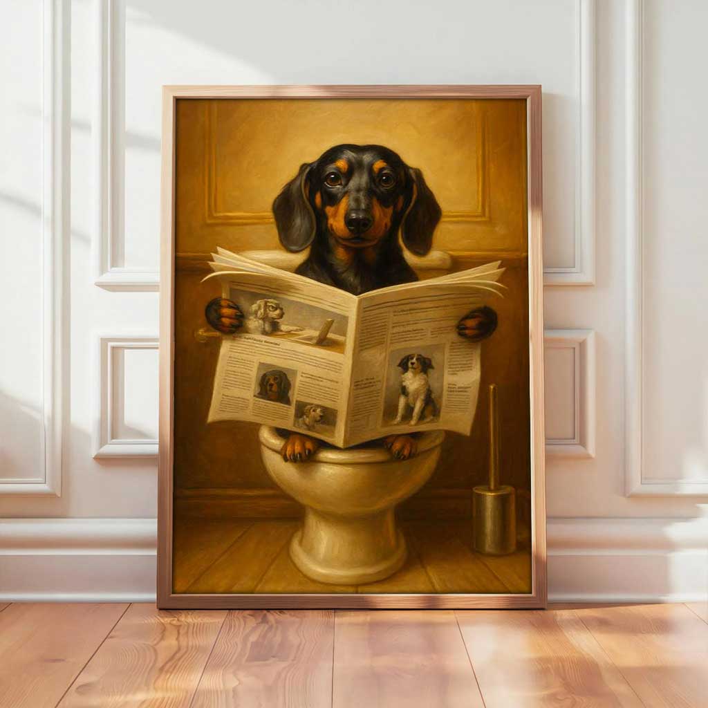 Dog Reading Newspaper On Toilet Canvas, Funny Dachshund Wall Art