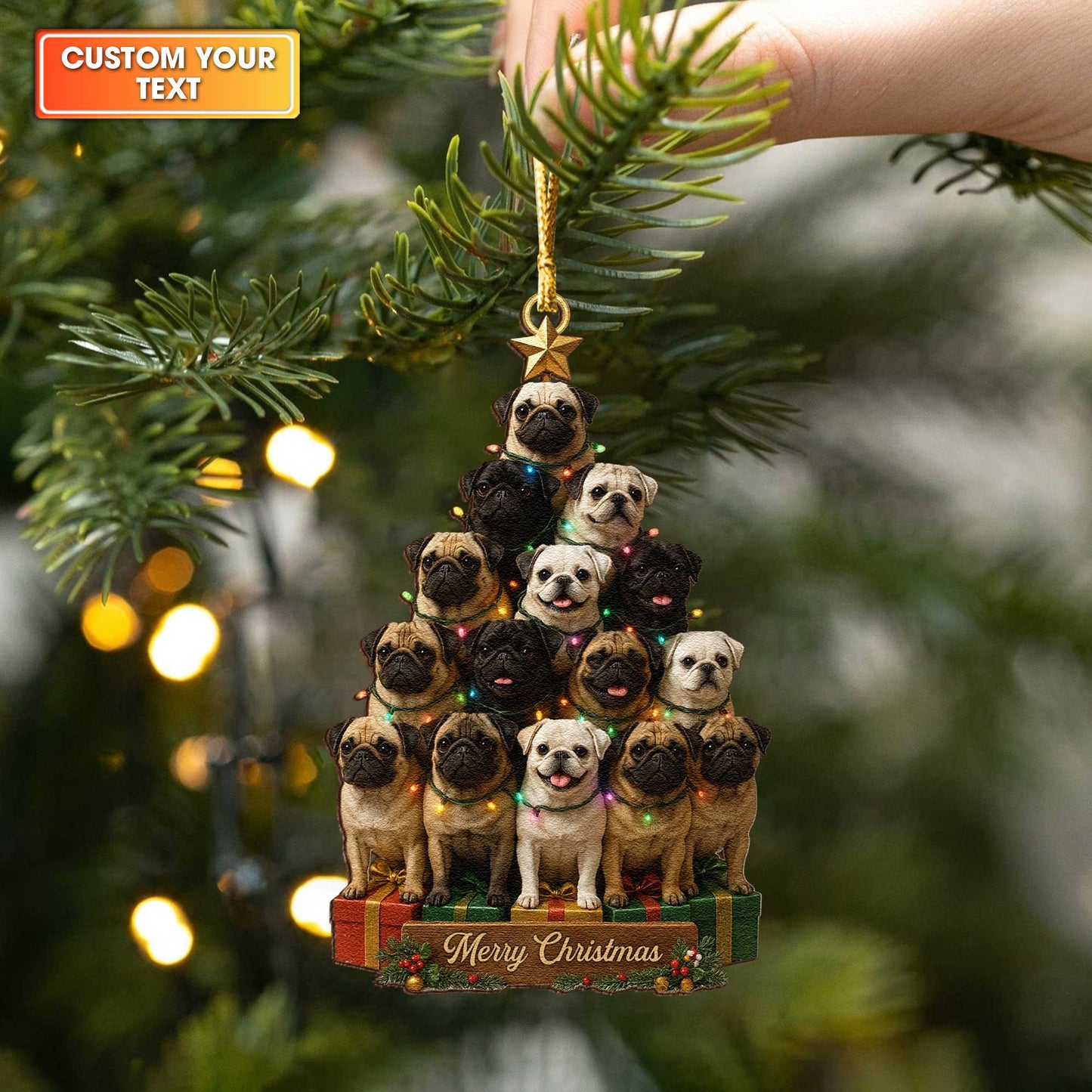 Cute Pug Stack Custom Text Holiday Gift Ornament, Personalized Wooden Ornament For Pug Lovers