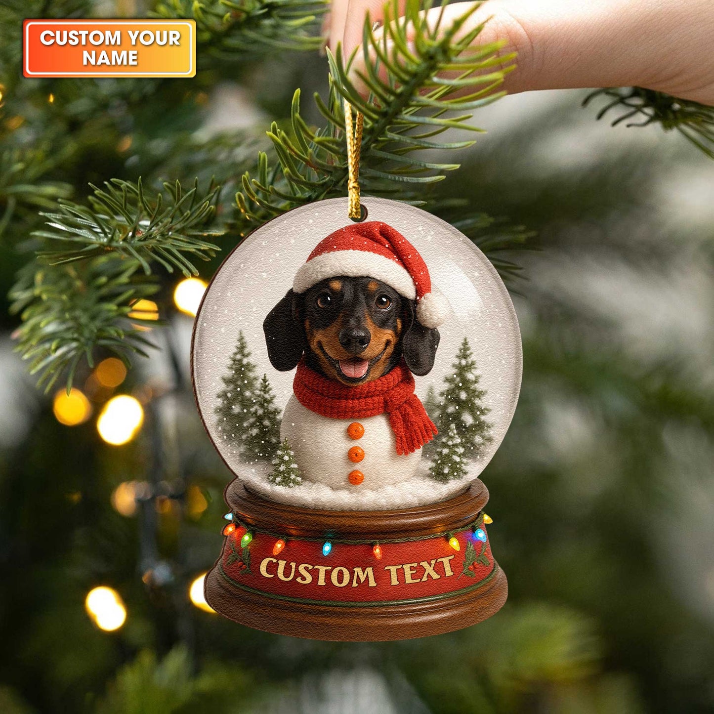 Funny Dachshund In Snow Globe Ornament, Personalized Wooden Dachshund Christmas Ornament