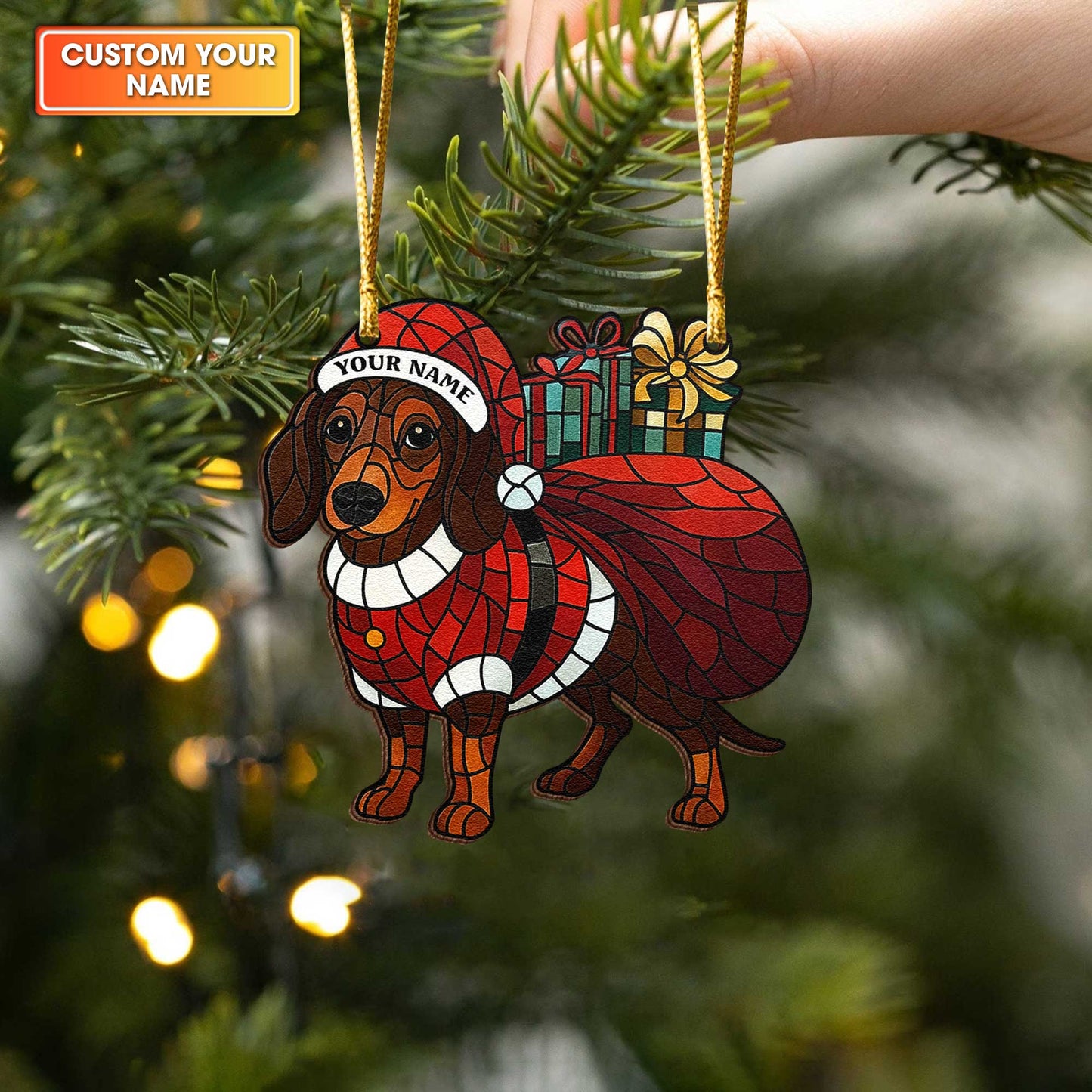 Santa Dachshund Ready Bringing Gift Ornament Decoration, Personalized Wooden Dachshund Ornament