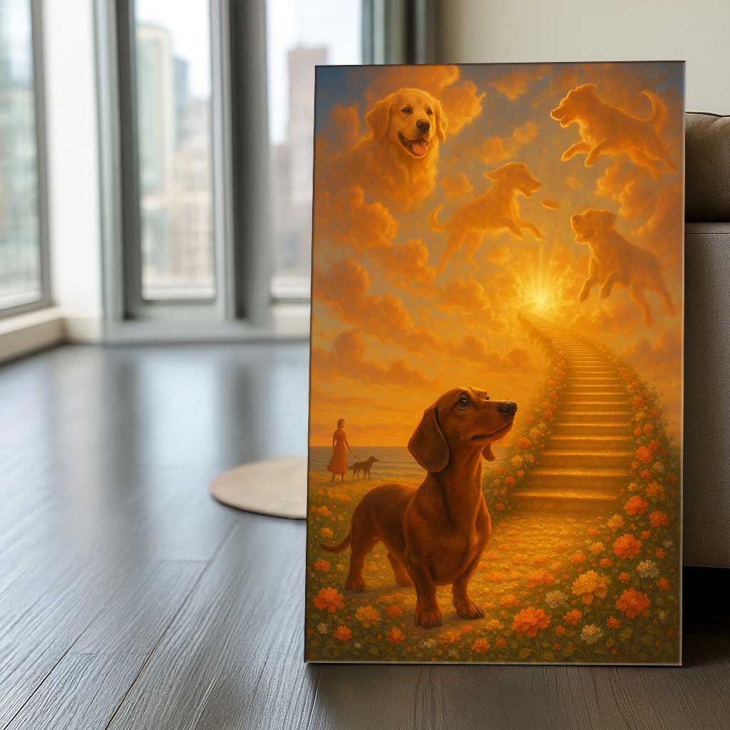 Rainbow Bridge Dog Memorial Art, Dachshund Heaven Scene Wall Canvas, Pet Loss Sympathy Gift