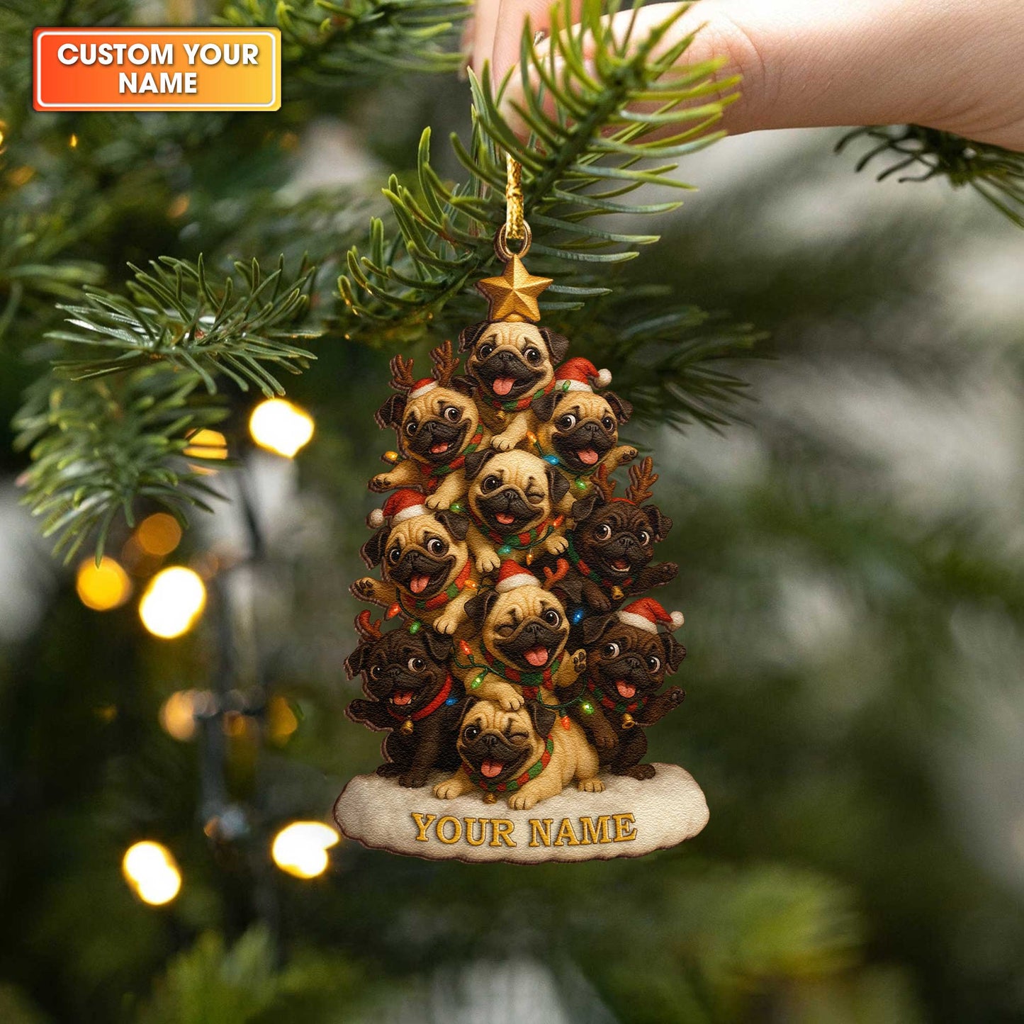 Funny Cute Pug Stack Christmas Ornament, Personalized Wooden Ornament For Pug Lovers