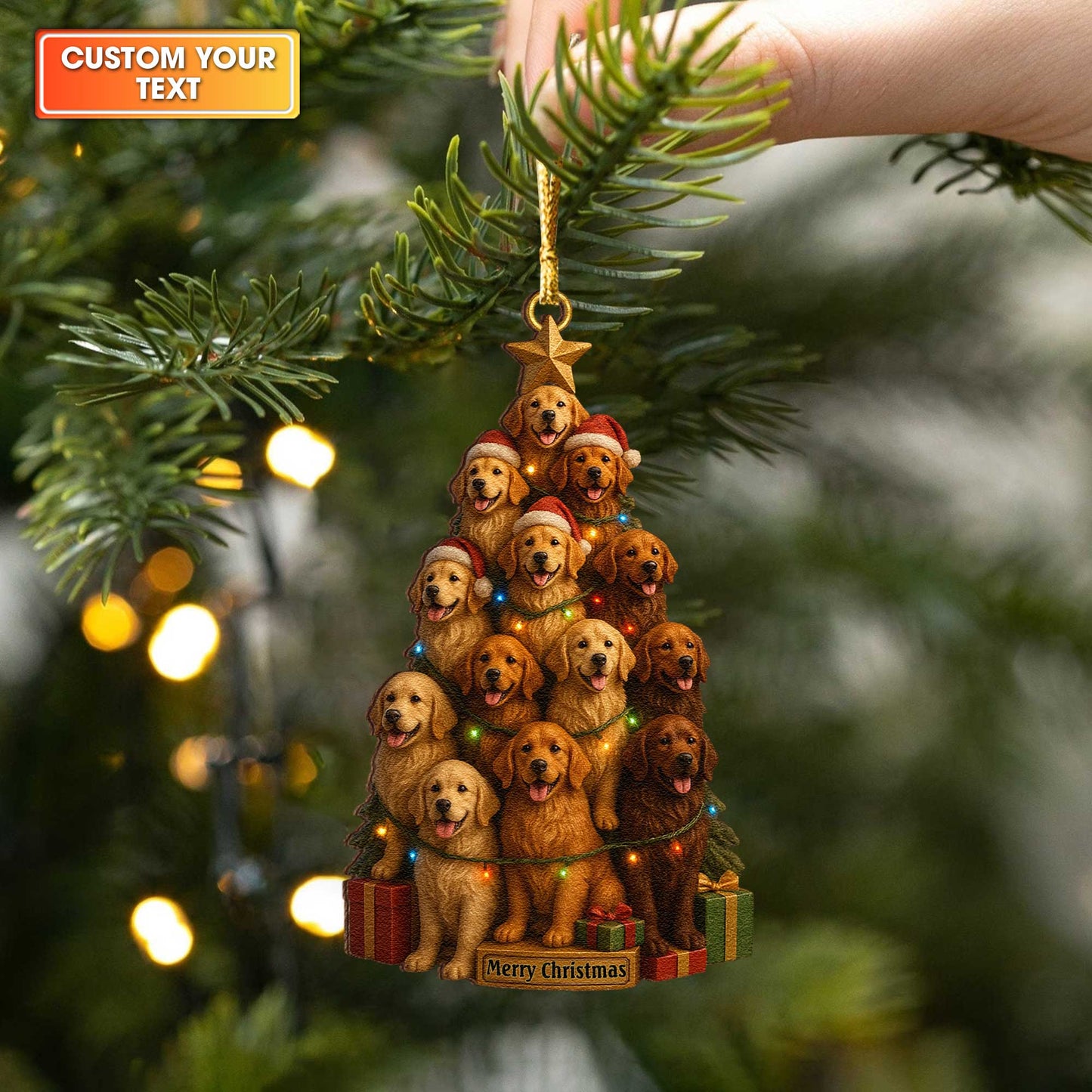 Golden Retriever Puppy Tower Christmas Ornament, Personalized Festive Golden Retriever Wooden Ornament