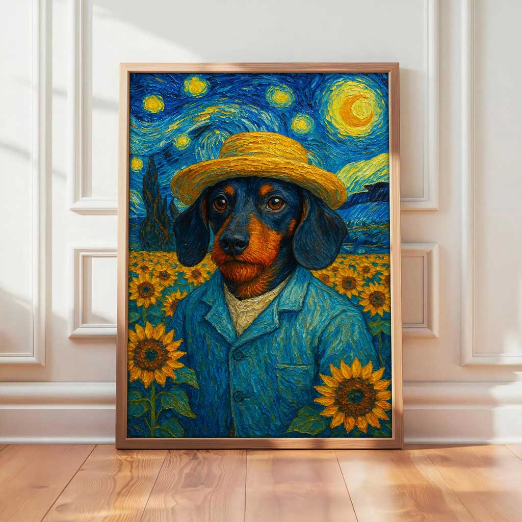 Van Gogh Inspired Dachshund Wall Art, Starry Night Dog Canvas with Sunflowers