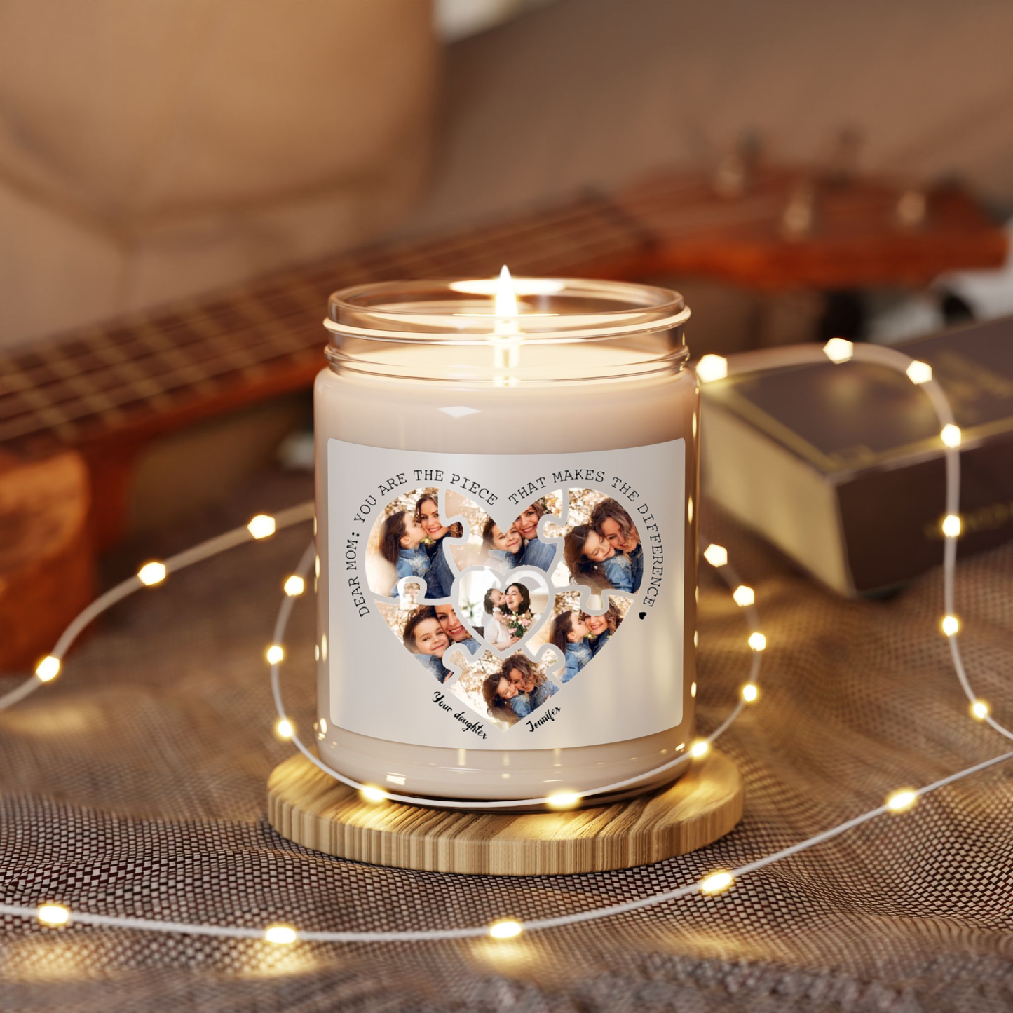 Dear Mom, You Are The Piece That Makes The Difference - Personalized Photo Montage (Heart shape) 100% Organic Eco-friendly Vegan Scented Candle