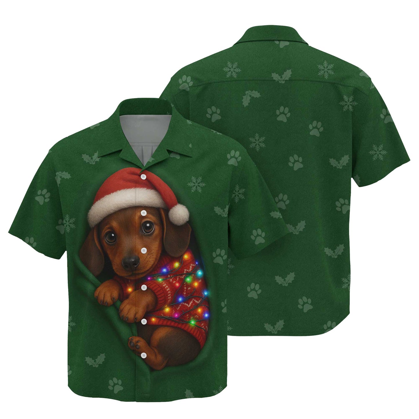 Christmas Dachshund Shirt, Funny Weiner Dog Shirts, Pattern Polos For Spooky Season - Cute Puppy In Santa Hat & Lights