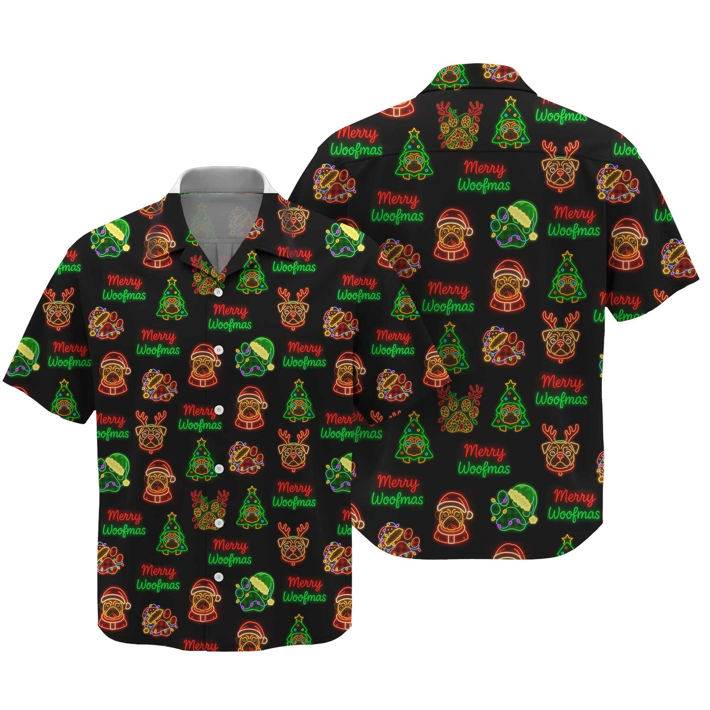 Neon Merry Woofmas Pug Christmas Pattern Polo, Funny Pug Shirt, Pug T Shirt