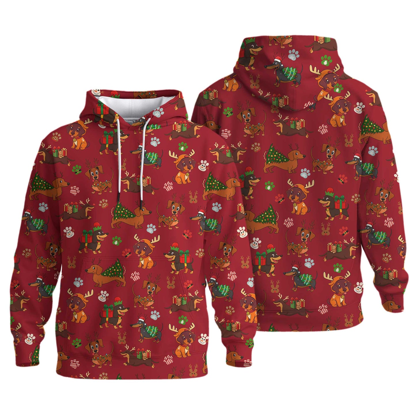 Red Holiday Cute Xmas With Reindeer Dachshund And Gift Pattern Polo, Christmas Dachshund Shirt, Wiener Dog T Shirt