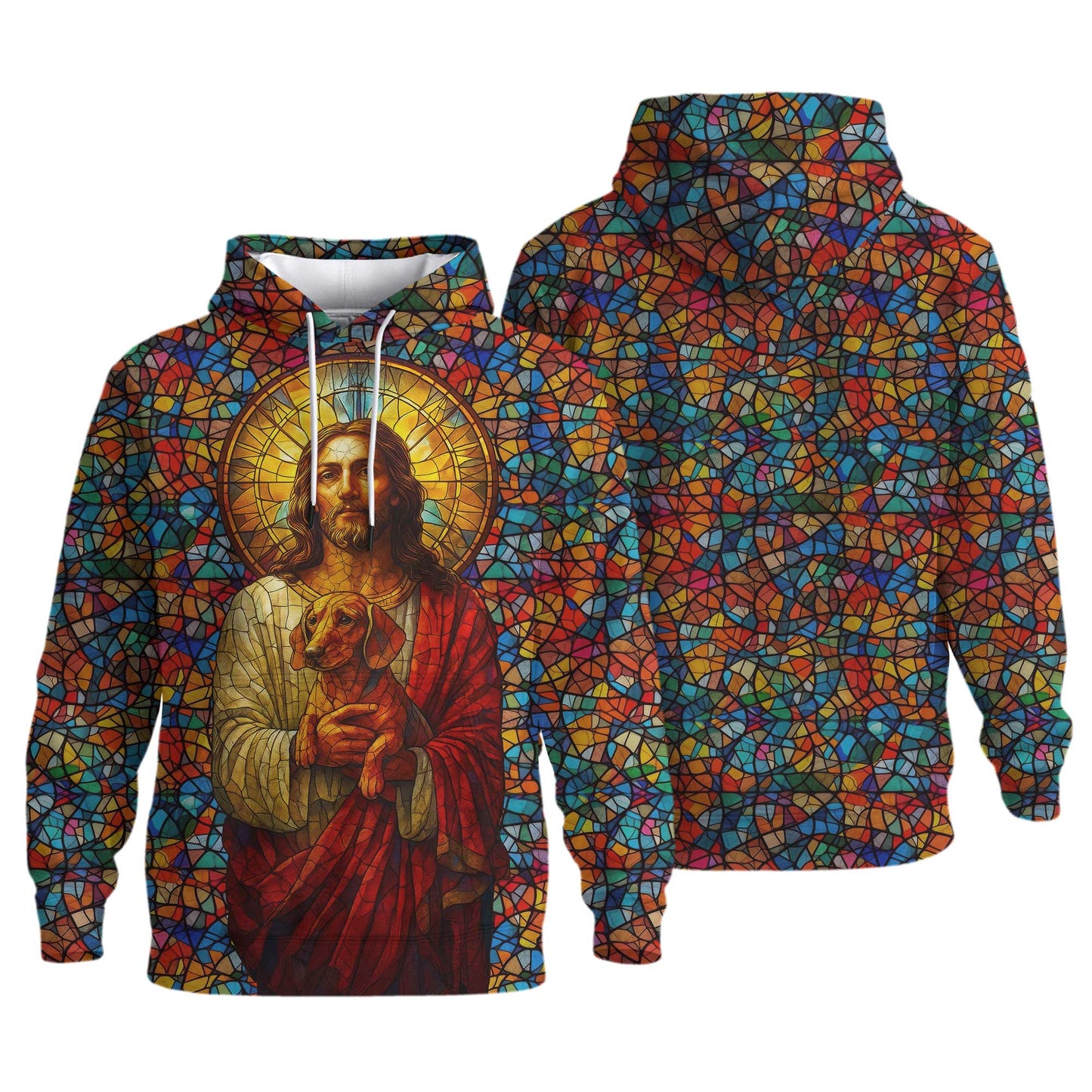 Colorful Stained Glass Jesus Hoodie, Dachshund Shirt, Wiener Dog T Shirt