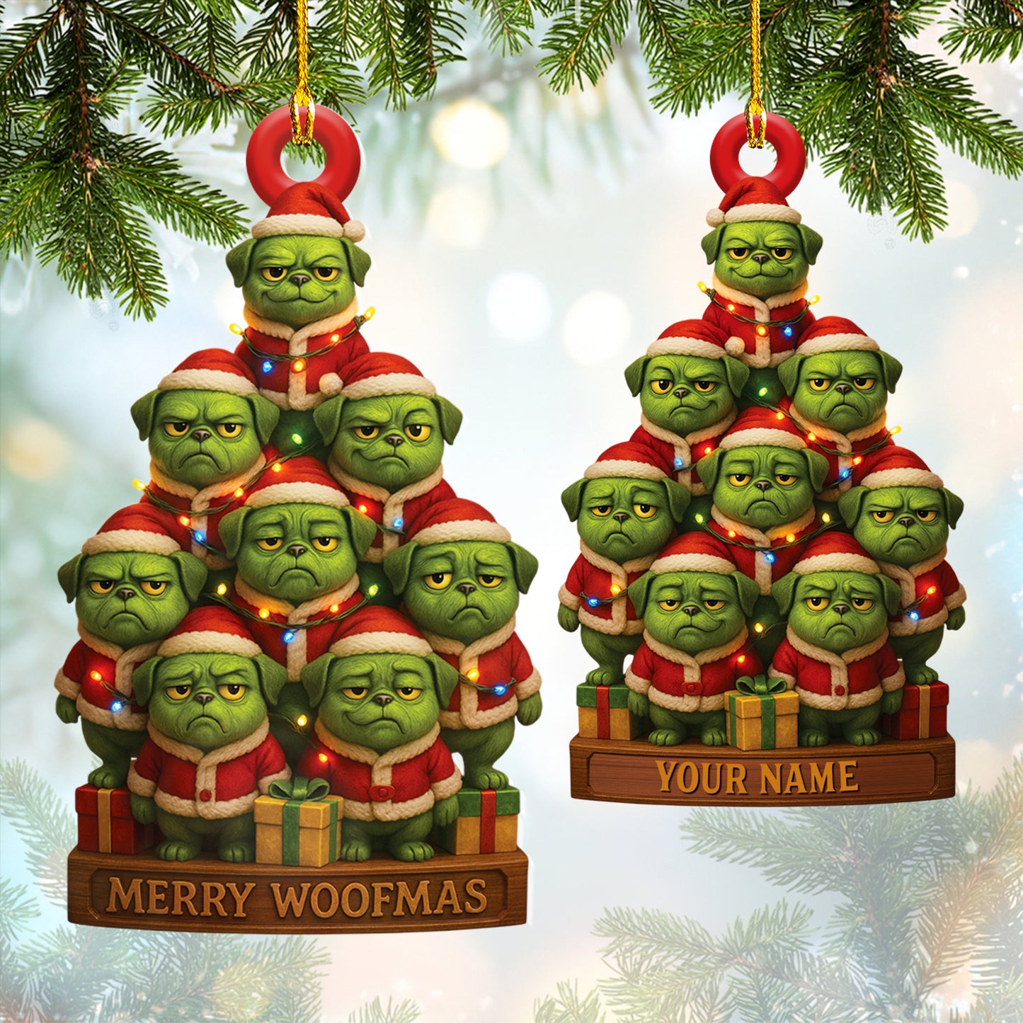 Personalized Pug Christmas Tree Ornament, Custom Name Funny Dog Holiday Decoration for Pug Lovers