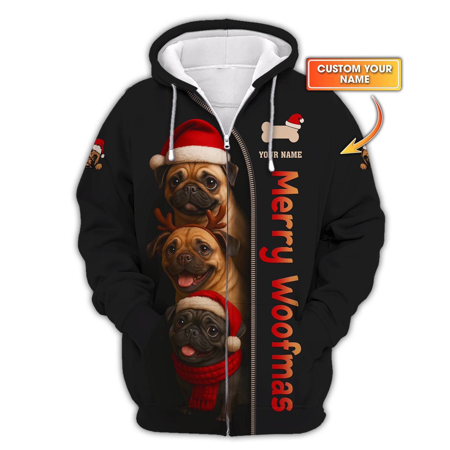 Personalized Merry Woofmas Shirt, Funny Pug Xmas Hoodie For Dog Lover, Custom Name Pug Christmas Shirt