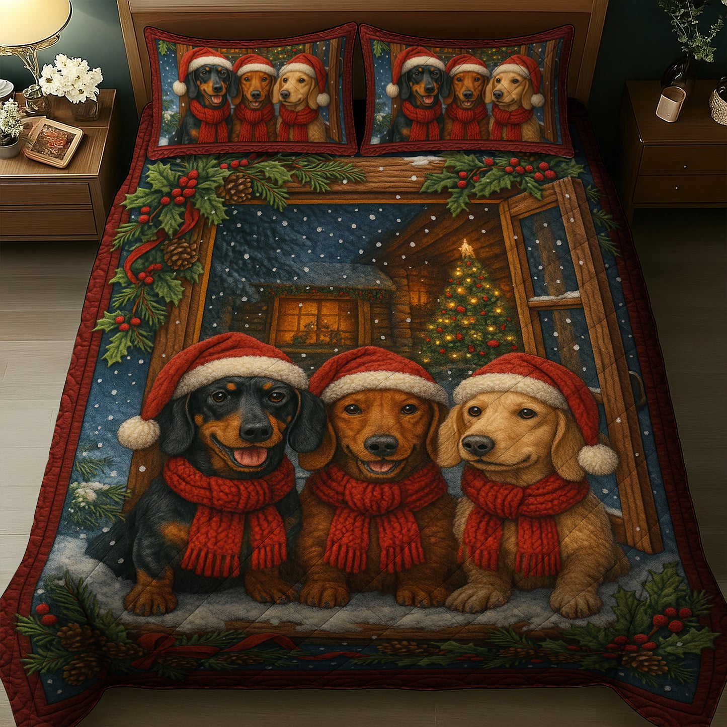Dachshund Quilt Set For Dog Lover, Dachshund Xmas Holiday Bedroom, Funny Wiener Dog Christmas Quilt Set