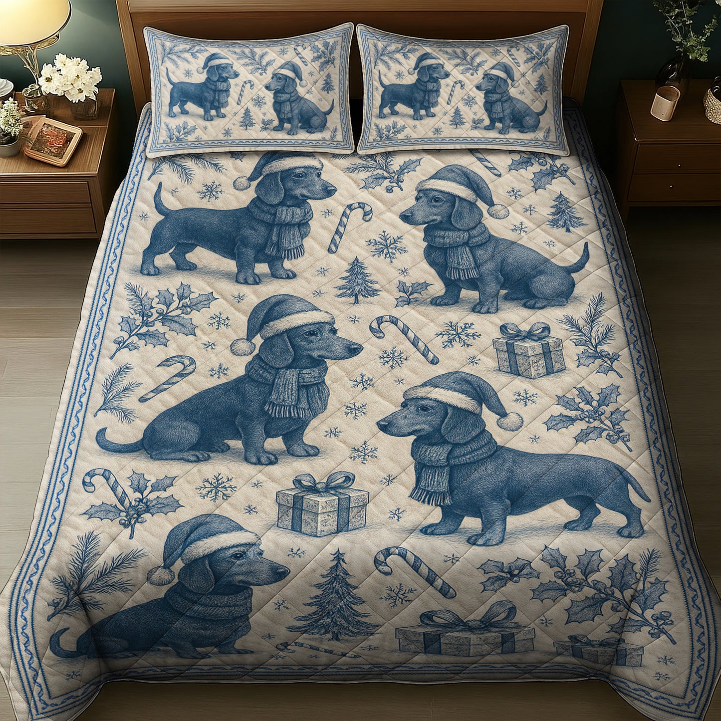 Funny Christmas Wiener Dog Quilt Set, Toile De Jouy Dachshund Quilt Set, Dachshund Xmas Quilt Set For Dog Lover