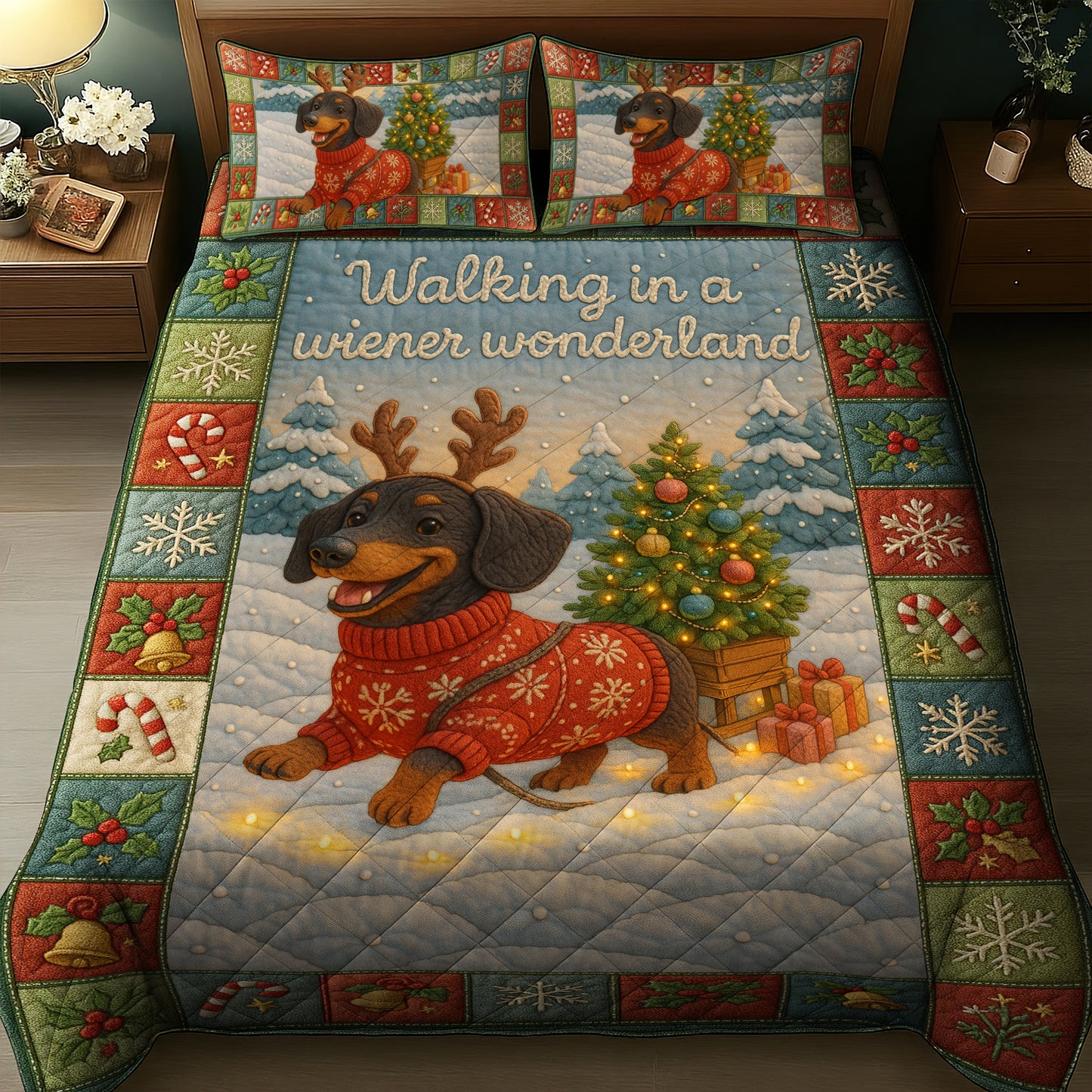 Funny Dachshund Quilt Set, Walking In A Wiener Dog Quilt Set, Dachshund Quilt Set For Dog Lover