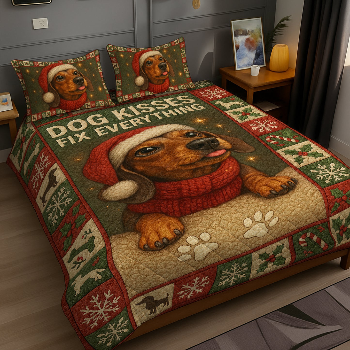 Funny Dachshund Quilt Set, Dog Kisses Fix Everything Christmas Bedding, Cute Holiday Gift for Dog Lovers