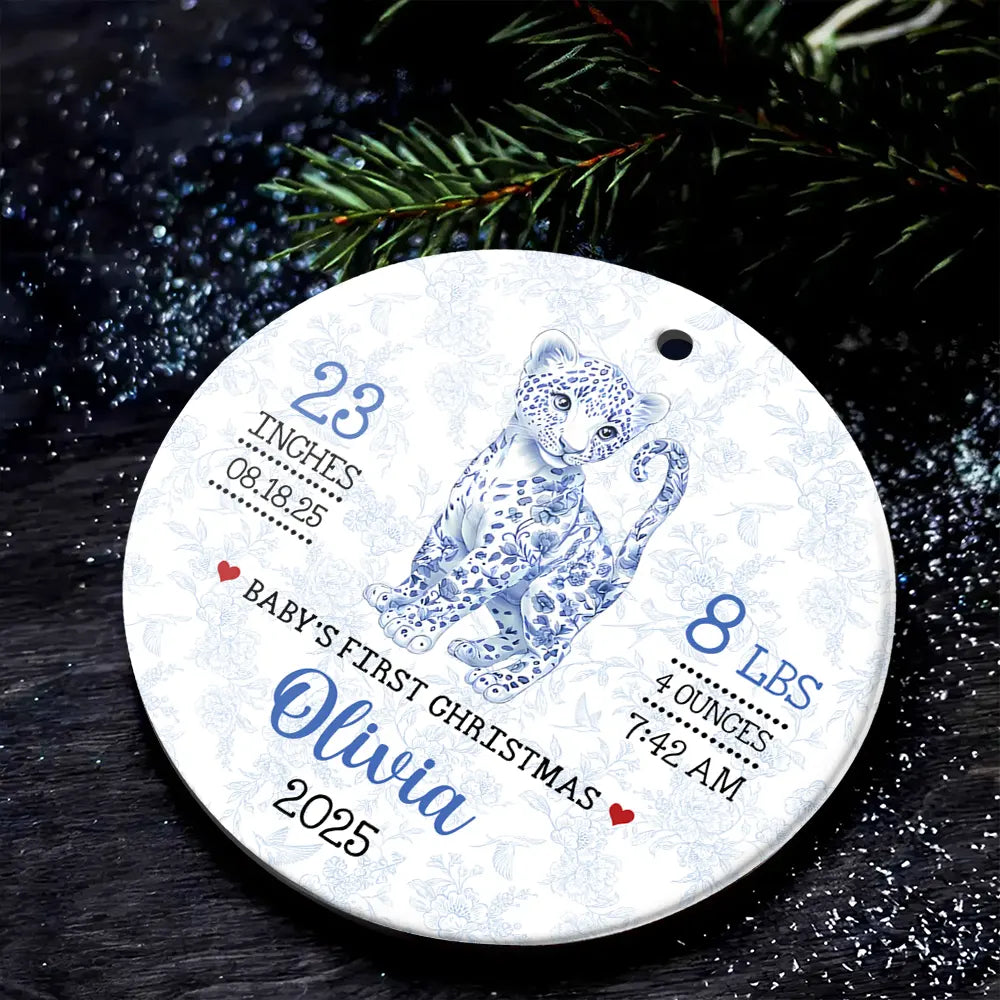 Baby First Christmas - Blue Toile Safari Animals - Personalized Circle Ceramic Ornament