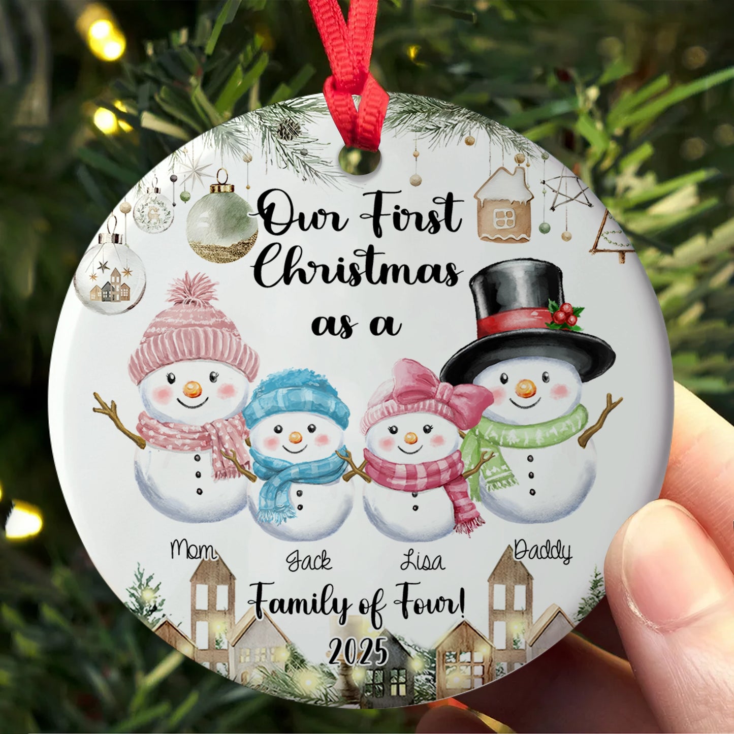 Our First Christmas With Snowman Design - Personalized Family Ceramic Ornament-OR-KL29-YV51-web3