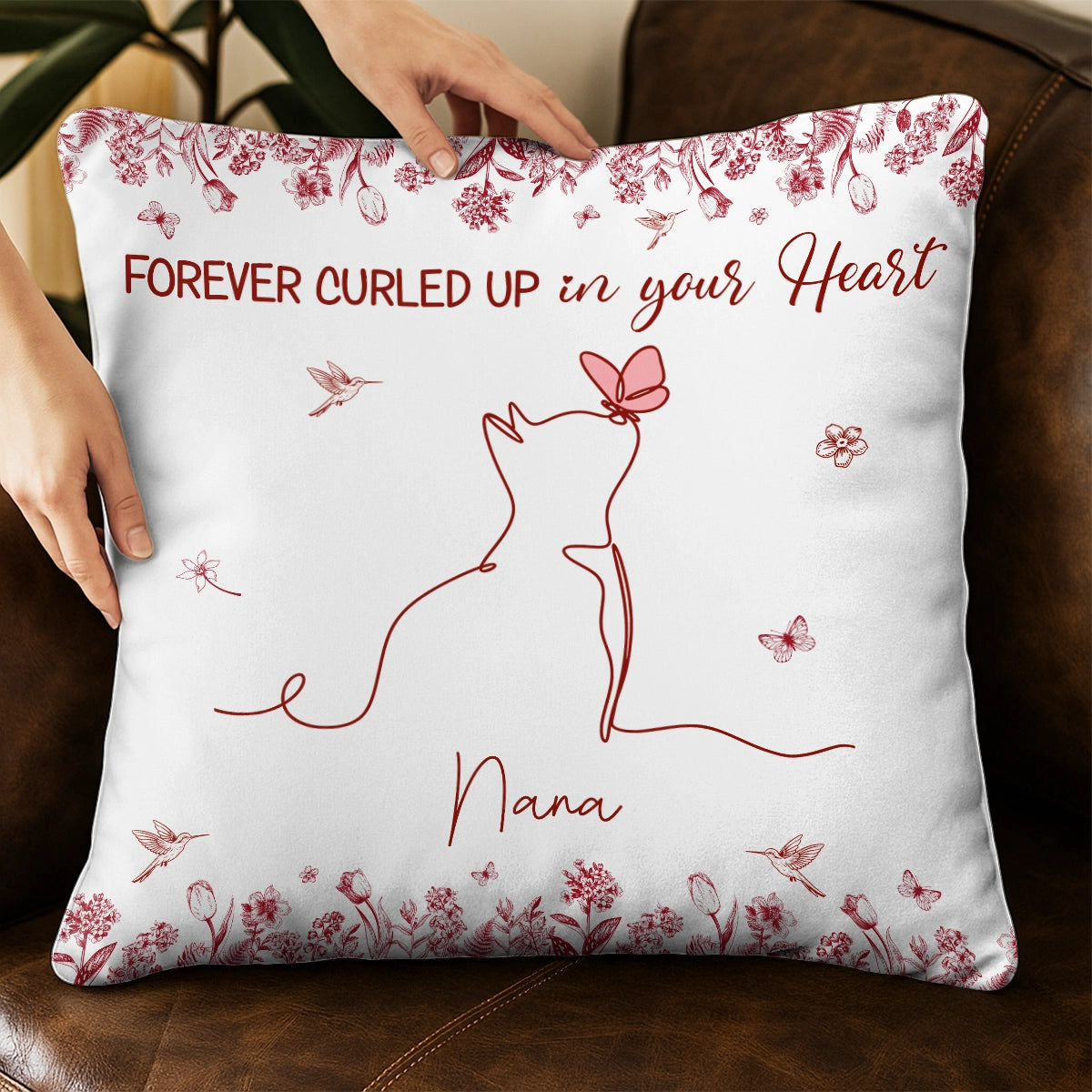 Custom Cat One Line Blue Toile De Jouy Style - Forever Curled Up In Our Hearts - Personalized Pillow