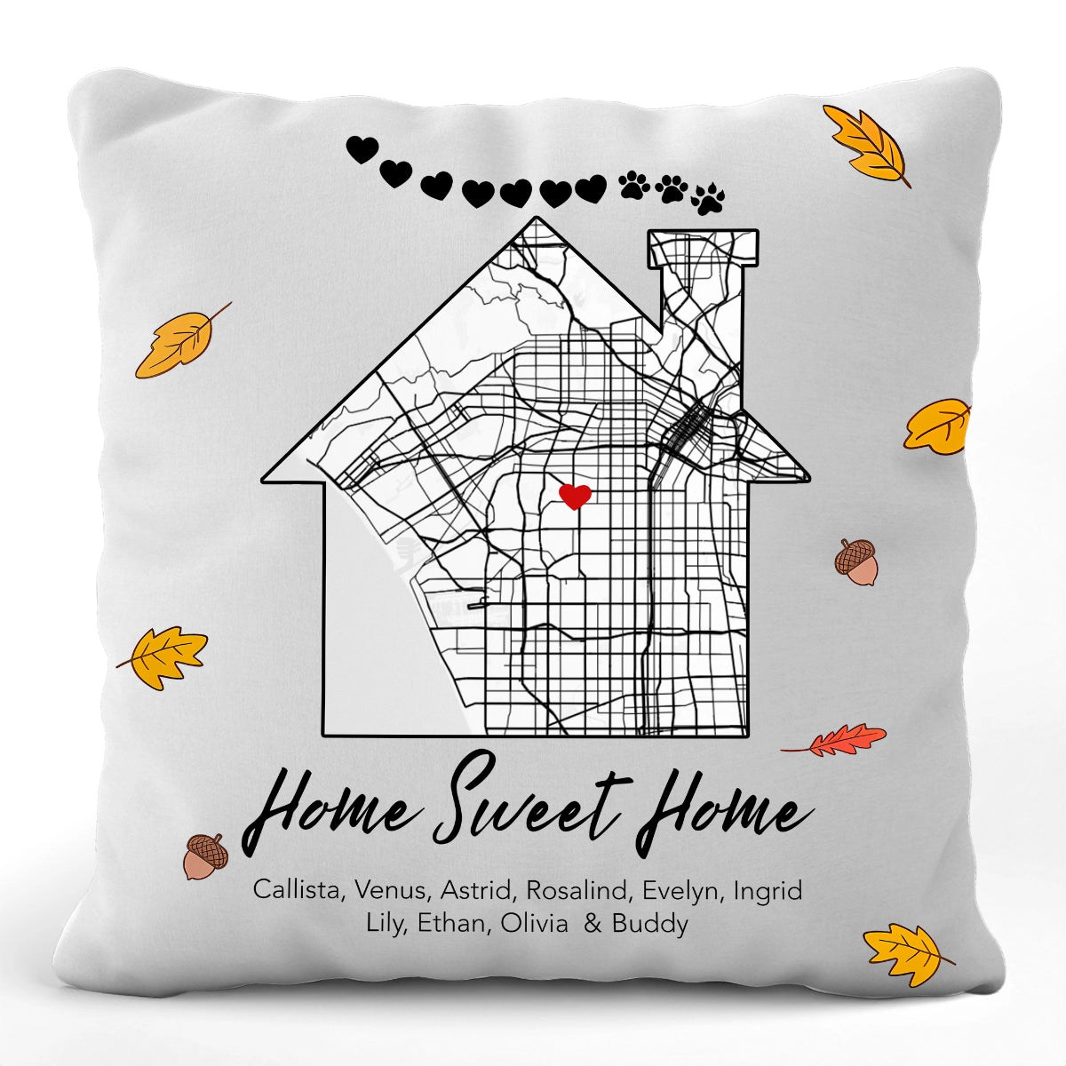 Home Sweet Home Map - Family With Pet Dog Cat - Personalized Pillow