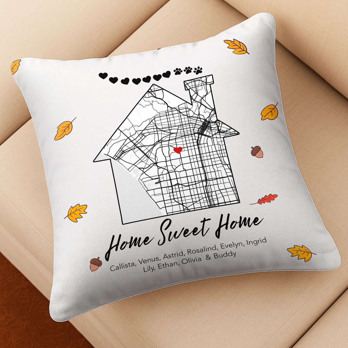 Home Sweet Home Map - Family With Pet Dog Cat - Personalized Pillow