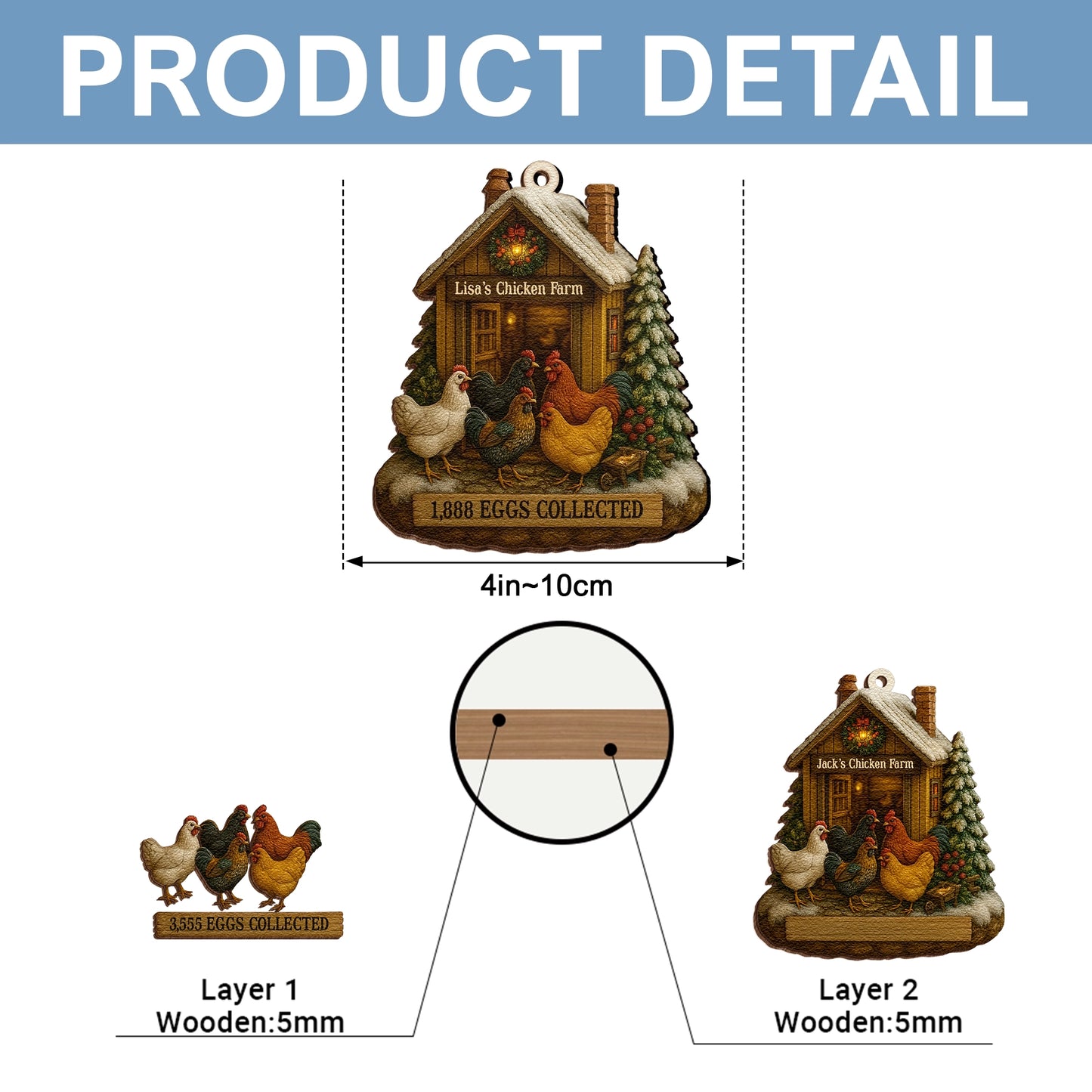 Personalized Chicken Farm Christmas Ornament - Custom Wooden Barnyard Holiday Decoration UWOCP2A-HH26-HN17081559-web5