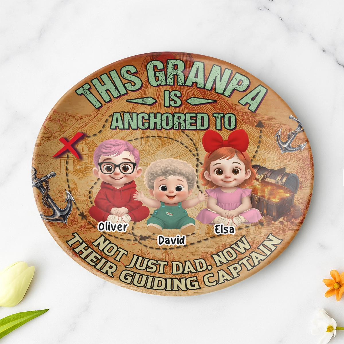 Personalized Grandpa Ceramic Round Plate - Custom Anchored to Grandkids Design-web3
