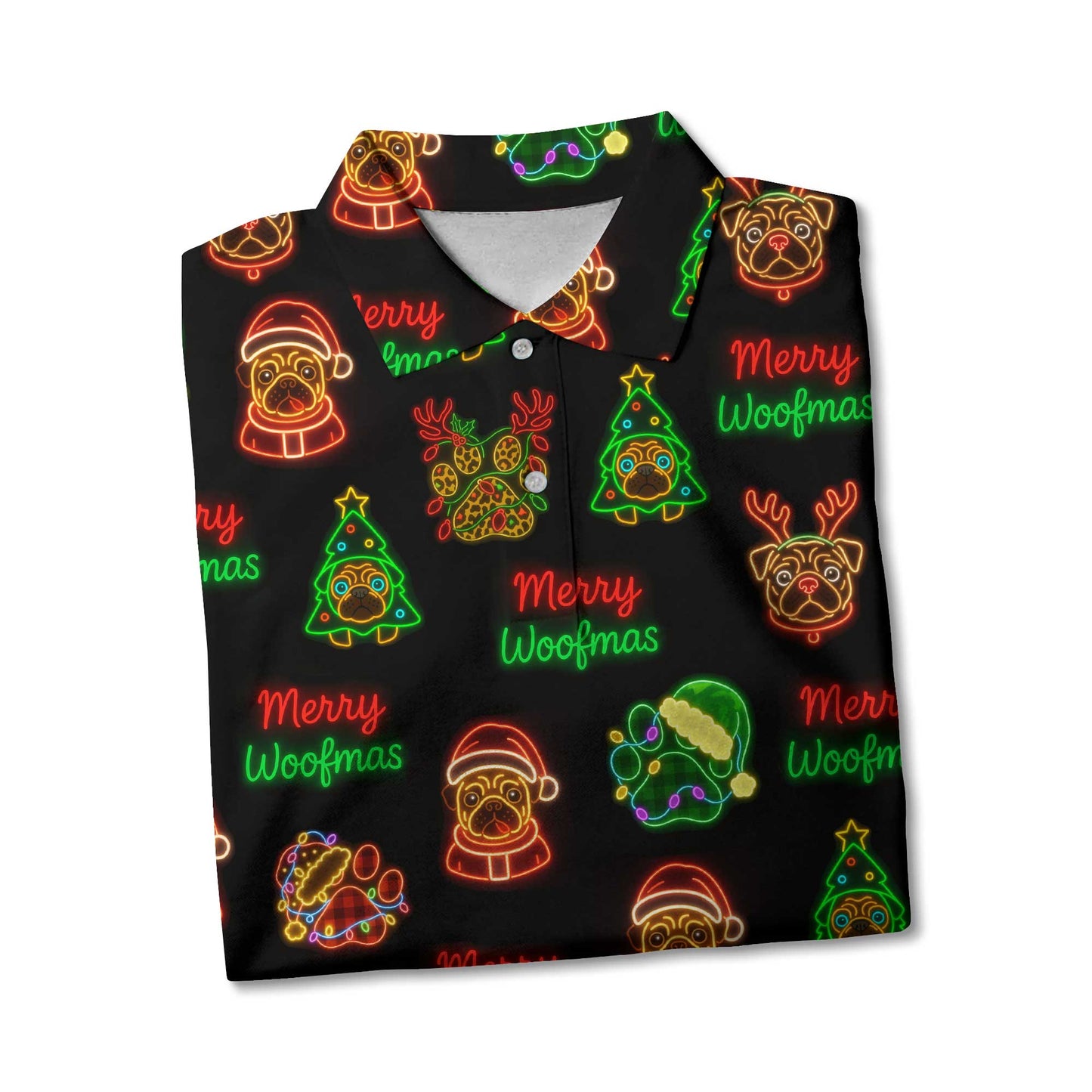 Neon Merry Woofmas Pug Christmas Pattern Polo, Funny Pug Shirt, Pug T Shirt