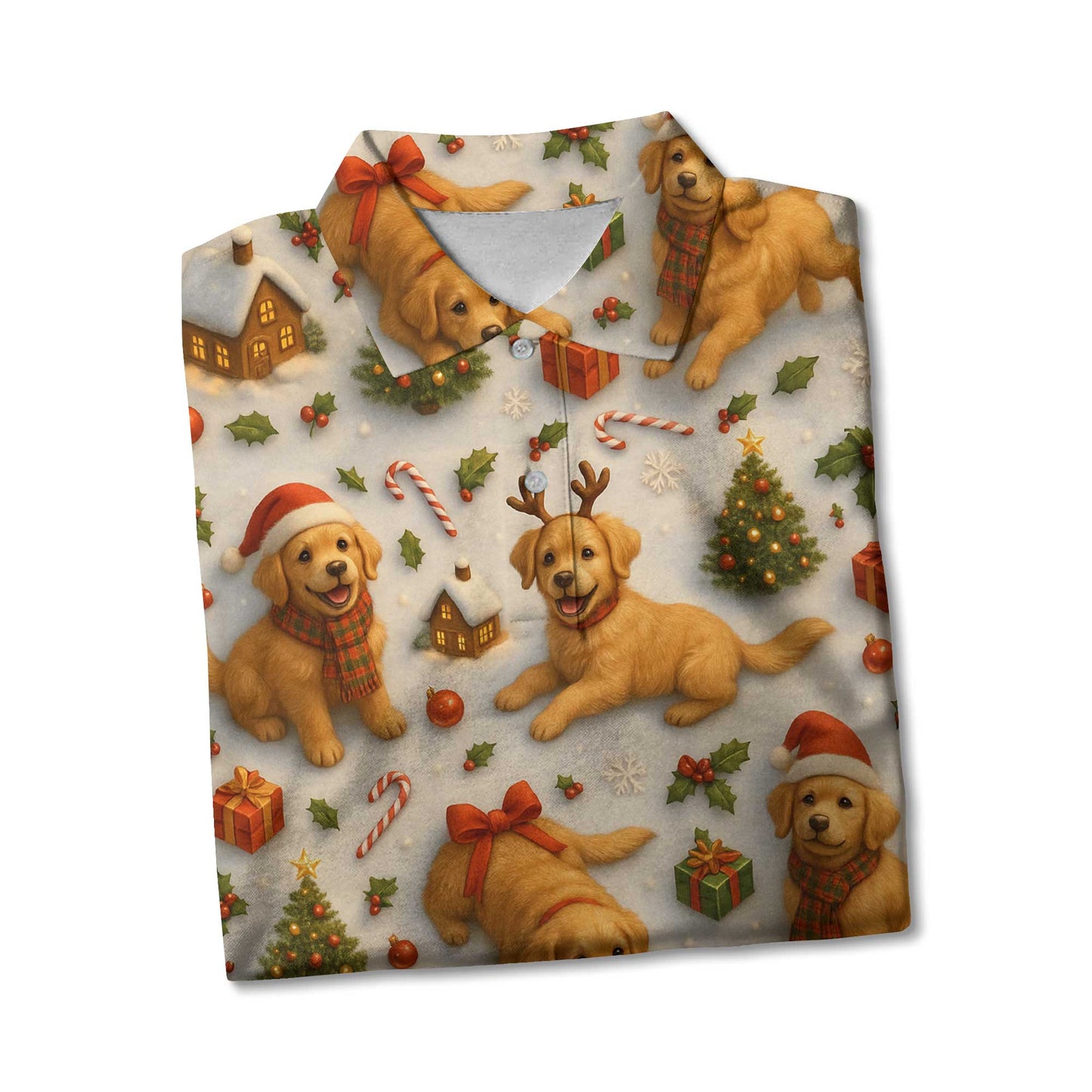 Funny Cute Golden Holiday Pattern Polo, Christmas Golden Retriever Shirt, Golden Retriever T Shirt