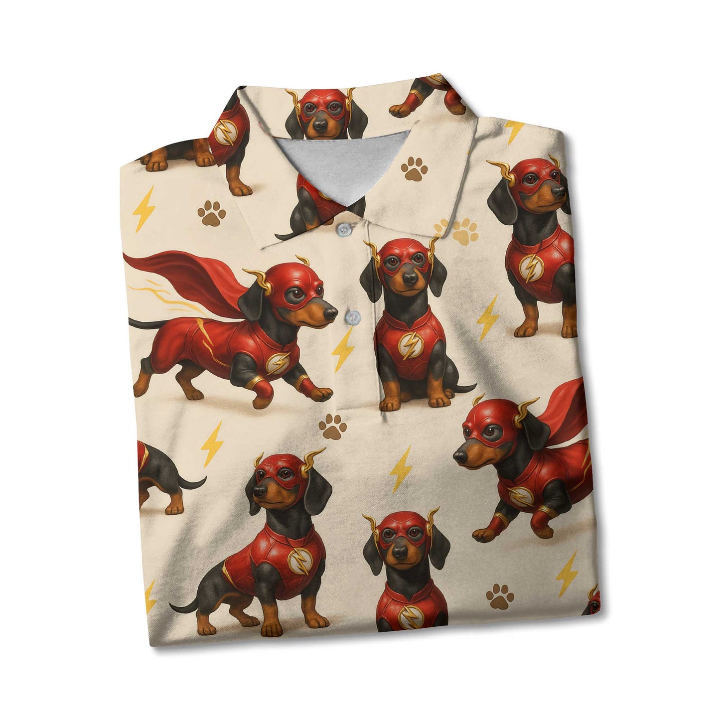 Superhero Red Cape Funny Flash Costume Pattern Polo, Cute Comic Style Top, Dachshund T Shirt, Wiener Dog T Shirt