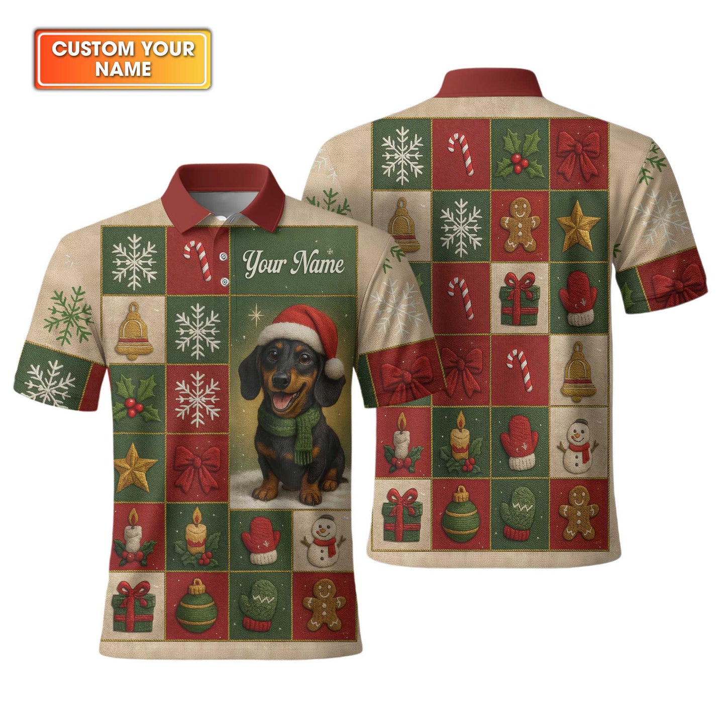 Personalized Name Wiener Dog T Shirt, Dachshund Sweatshirt, Happy Christmas Dachshund Pattern Polo