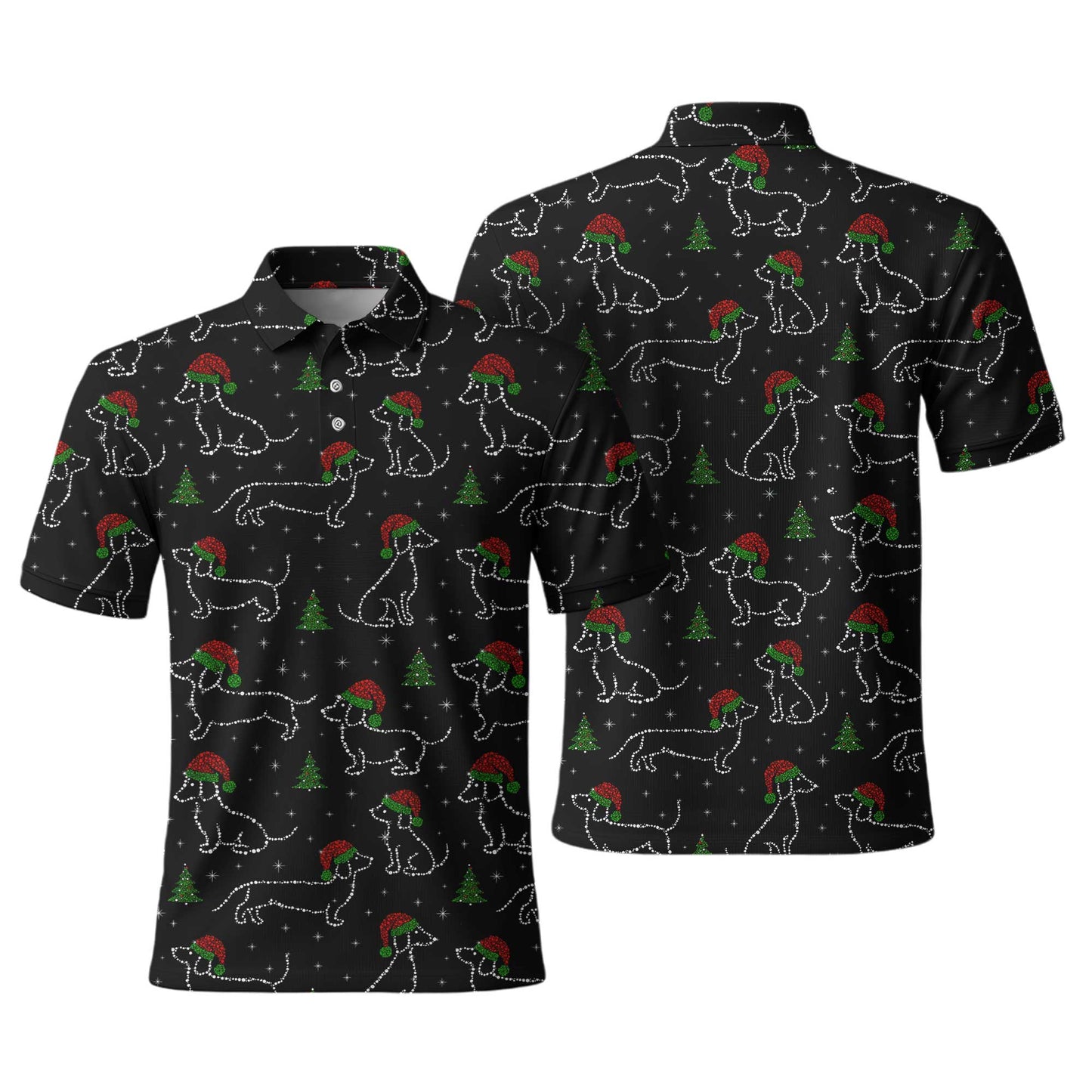 Christmas Lights Sparkling Santa Cute Holiday Pattern Polo, Festive Black Shirt, Dachshund T Shirt, Wiener Dog T Shirt