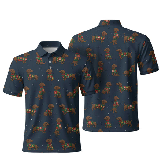 Snowflake Pattern Polos Christmas, Dachshund Christmas Shirt, Weiner Dog Shirts