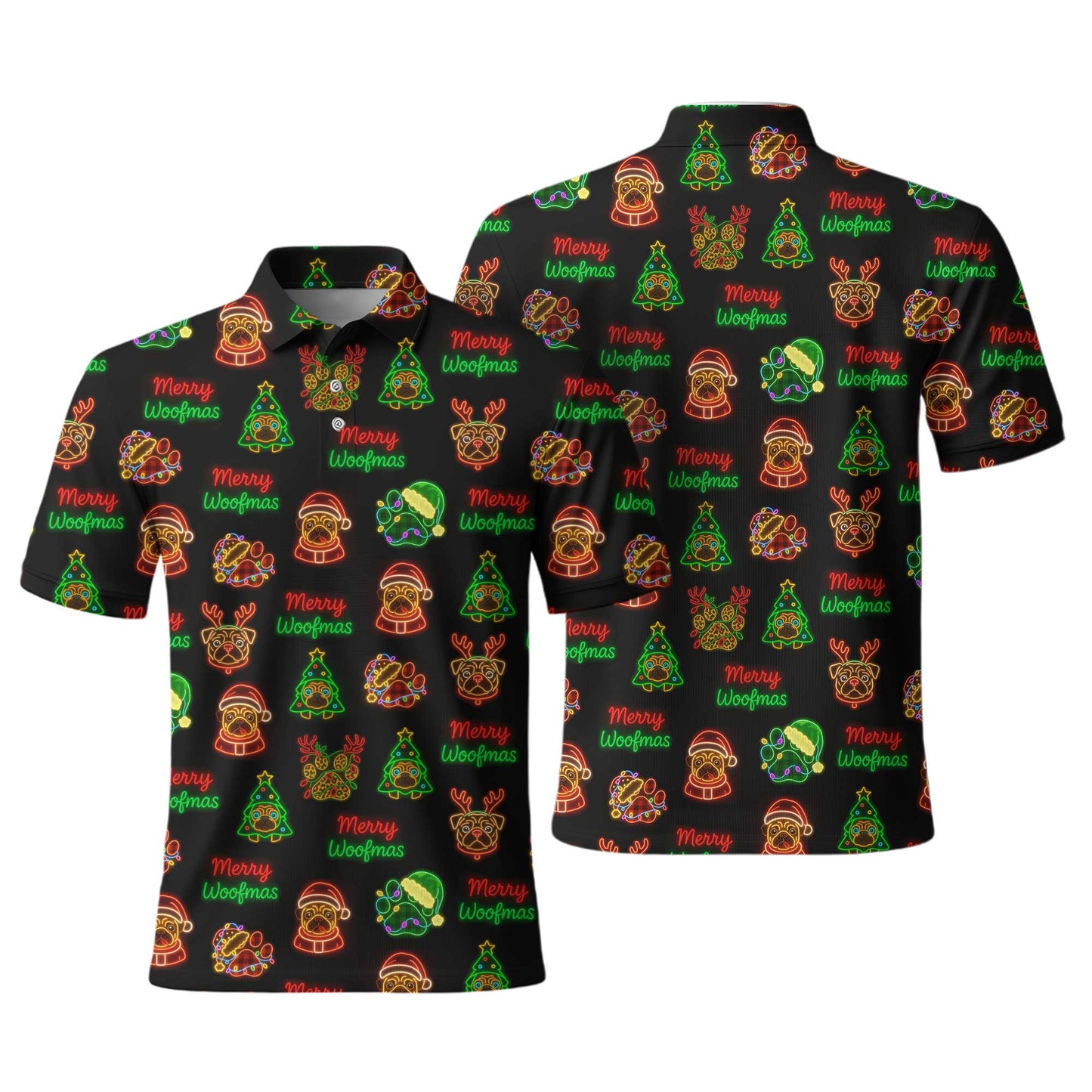 Neon Merry Woofmas Pug Christmas Pattern Polo, Funny Pug Shirt, Pug T Shirt