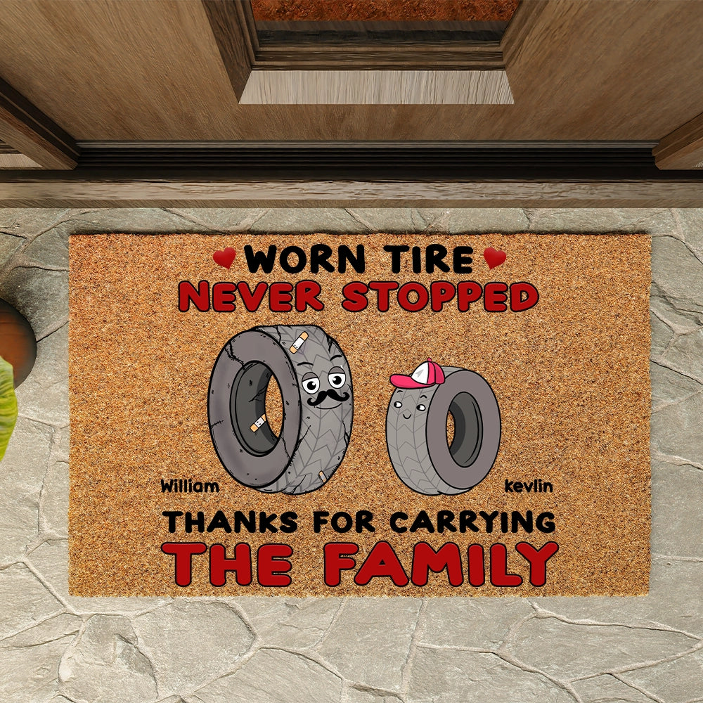 Worn Tire - Never Stopped - Personalized 100% Organic Custom Doormat – The Perfect Eco-Friendly Welcome!
