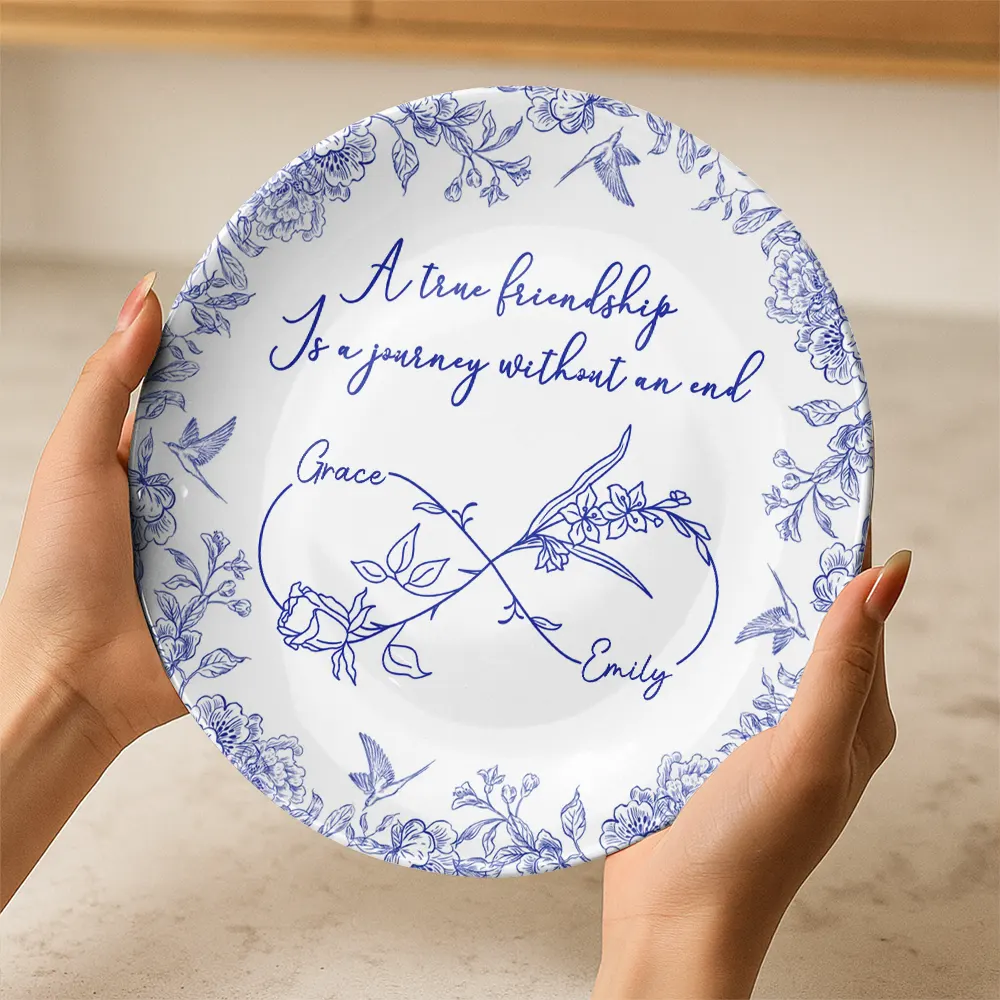 Names & Birth Flowers Infinity - Toile Floral - Personalized Ceramic Plate