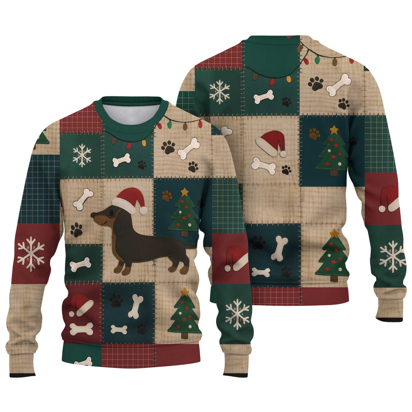 Dachshund Christmas Shirt With Santa Hat And Patchwork Design, Wiener Dog Holiday Shirt, Festive Dog Lover Tee