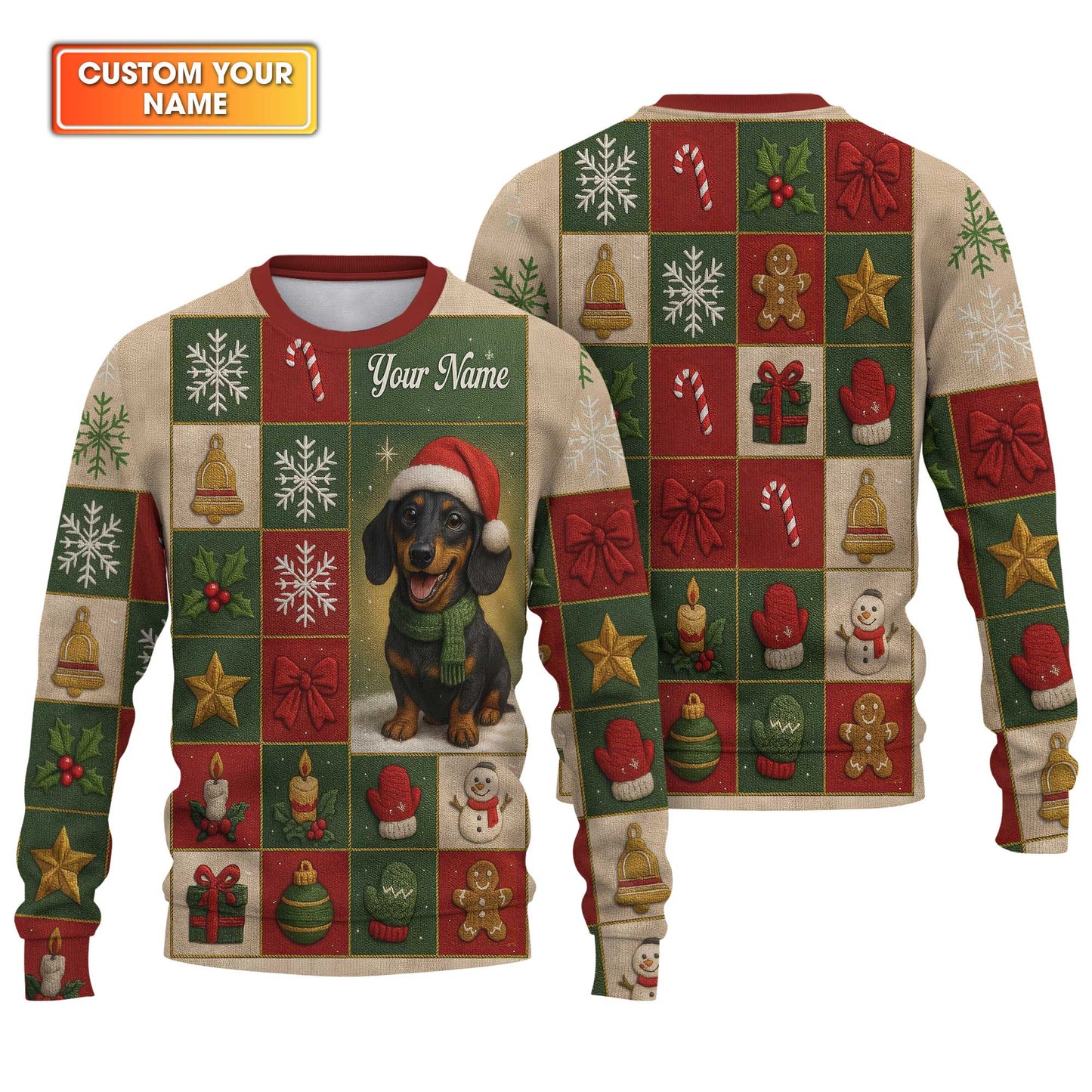 Personalized Name Wiener Dog T Shirt, Dachshund Sweatshirt, Happy Christmas Dachshund Pattern Polo