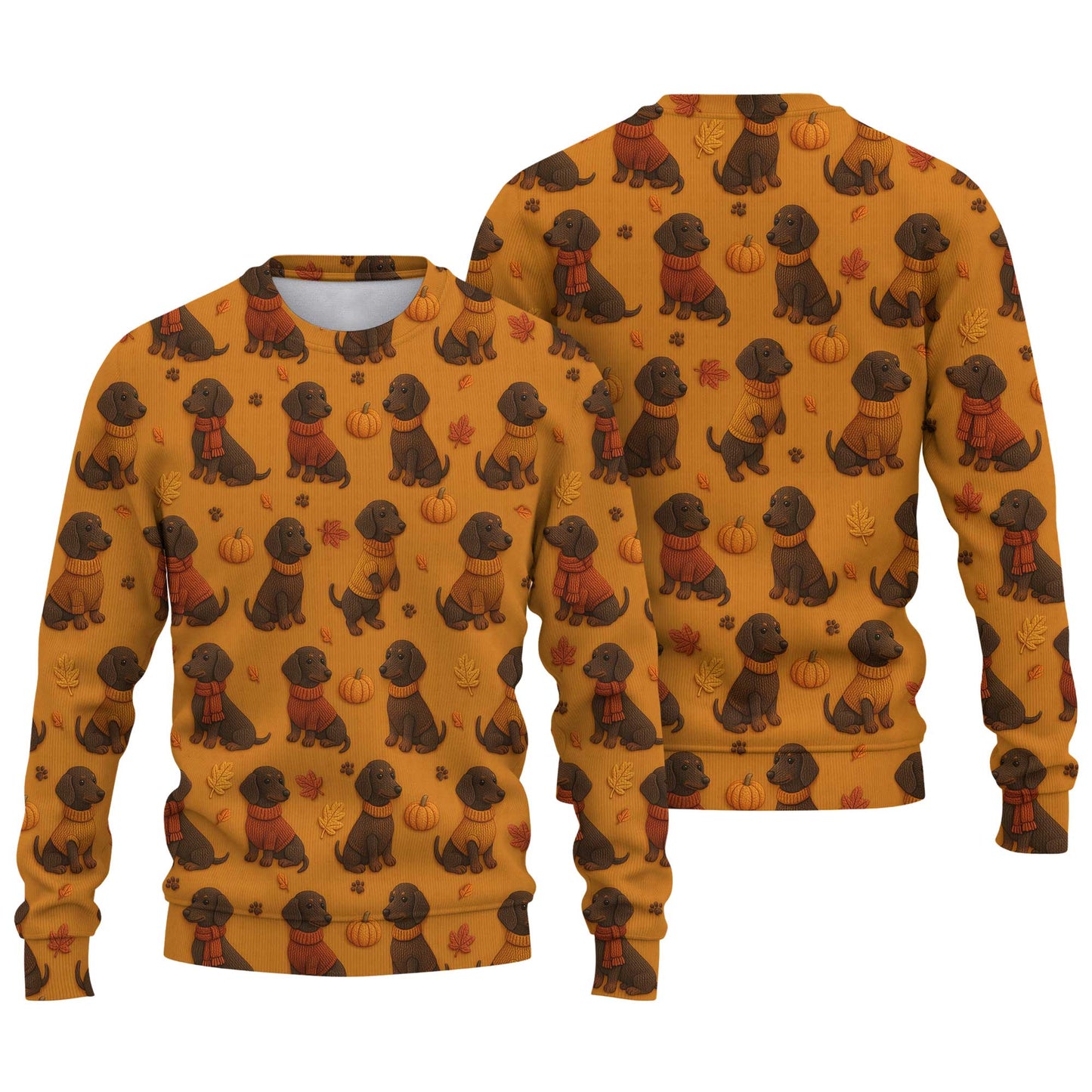 Pattern Dachshund Orange Shirt With Pumpkin And Autumn Leaves, Dachshund Halloween Shirt, Winter Dog Shirts